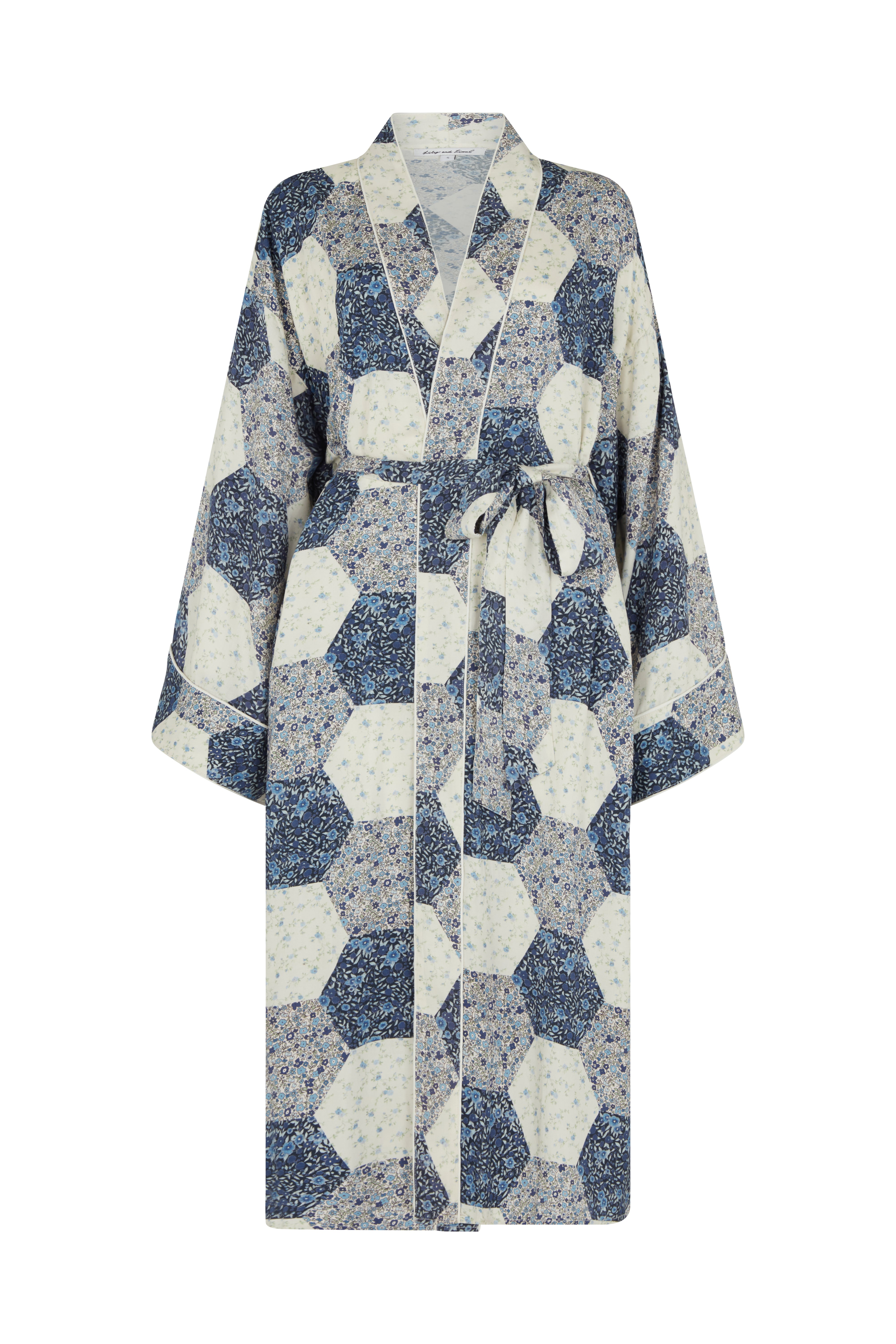 Lily And Lionel Women's Blue / White Corina Aster Patchwork Robe In Blue In Blue