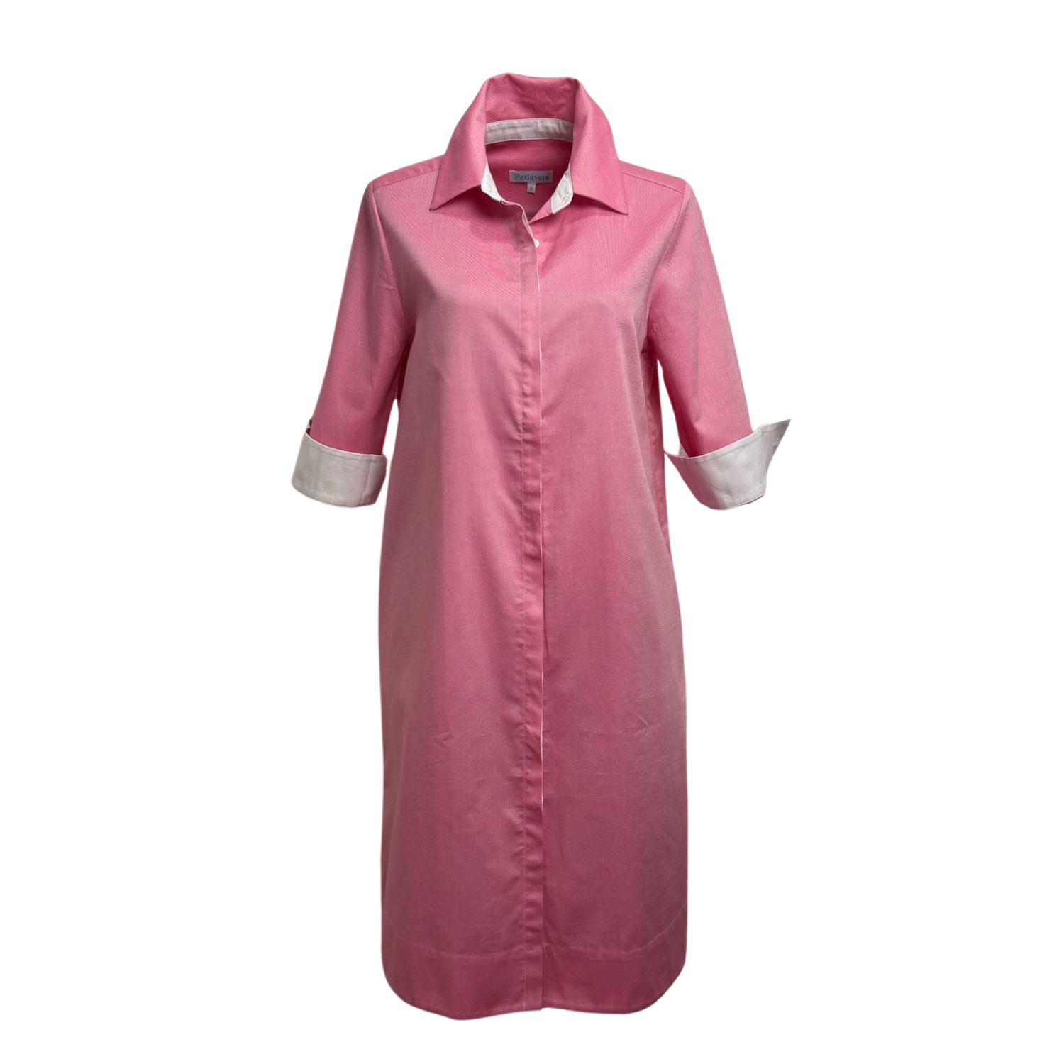 Perlavera Women's Red Daisy Pink White Solid Three Quarter Sleeve Knee Length Missy Fit Cotton Oxford Dress In Red