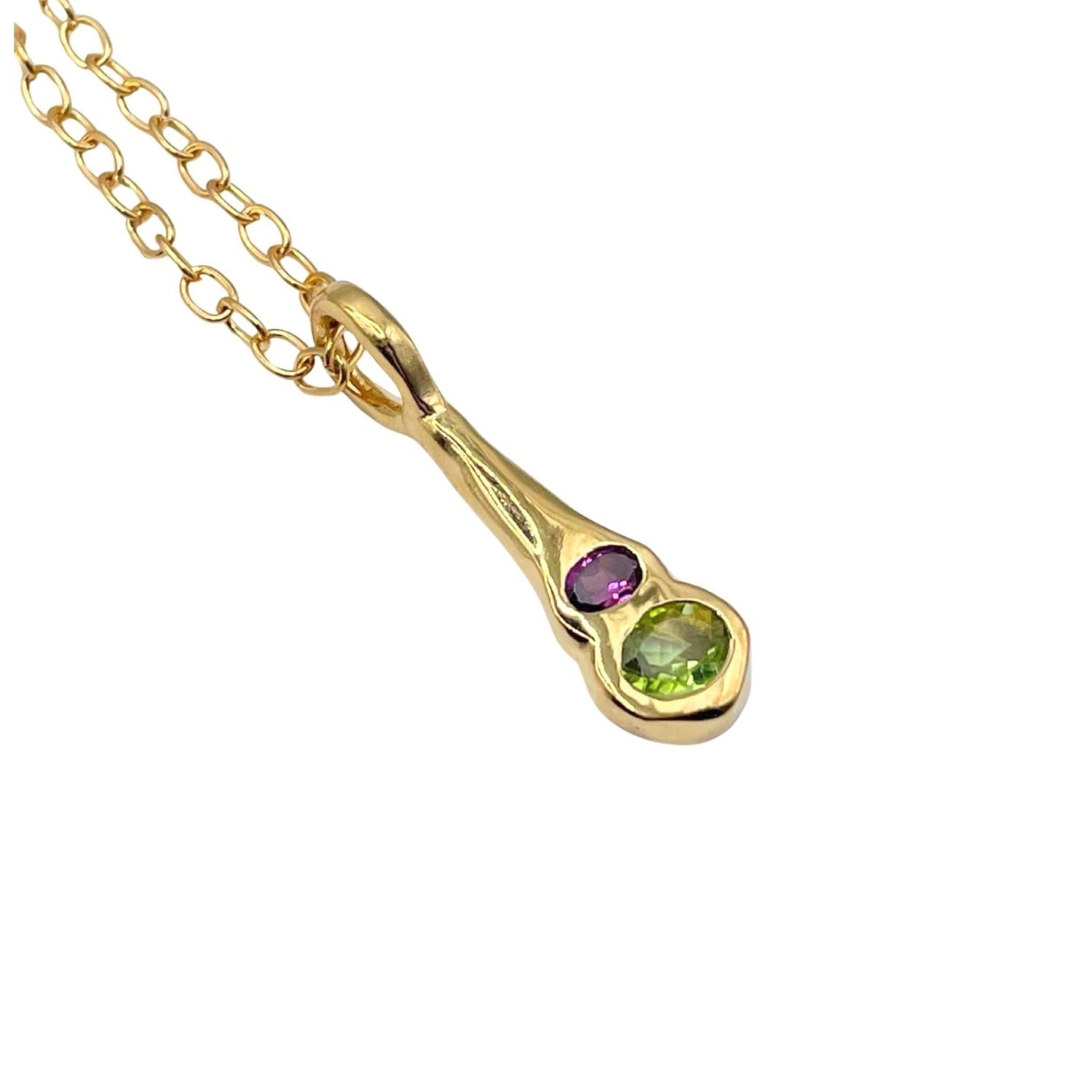 Amy Delson Jewelry Women's Pink / Gold / Green Olivia - Green Peridot, Pink Rhodolite Garnet Two Stone Gold Pendant Nec In Multi