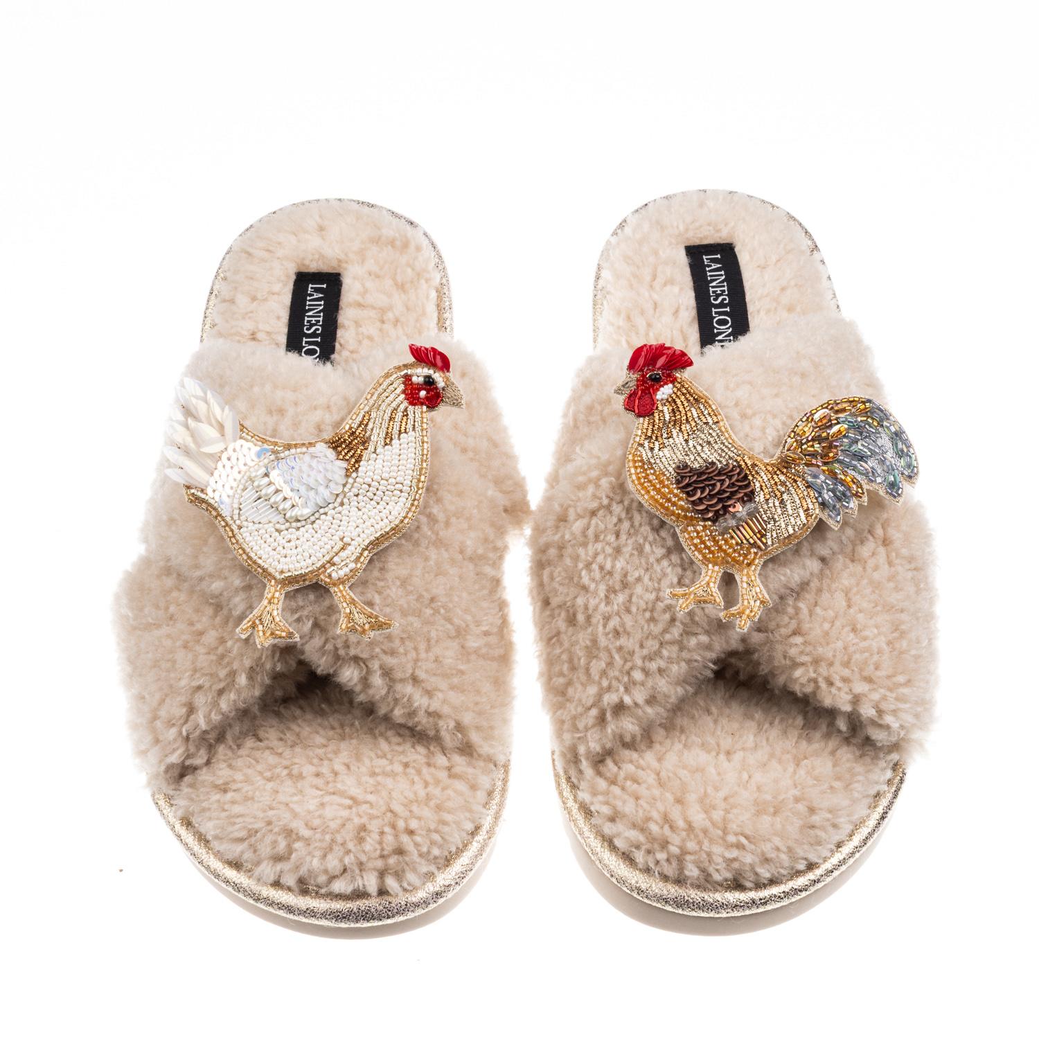 Laines London Women's Brown / Neutrals Laines Neutral Boucle Slippers With Chicken & Cockrel Brooches - Oatmeal In Brown