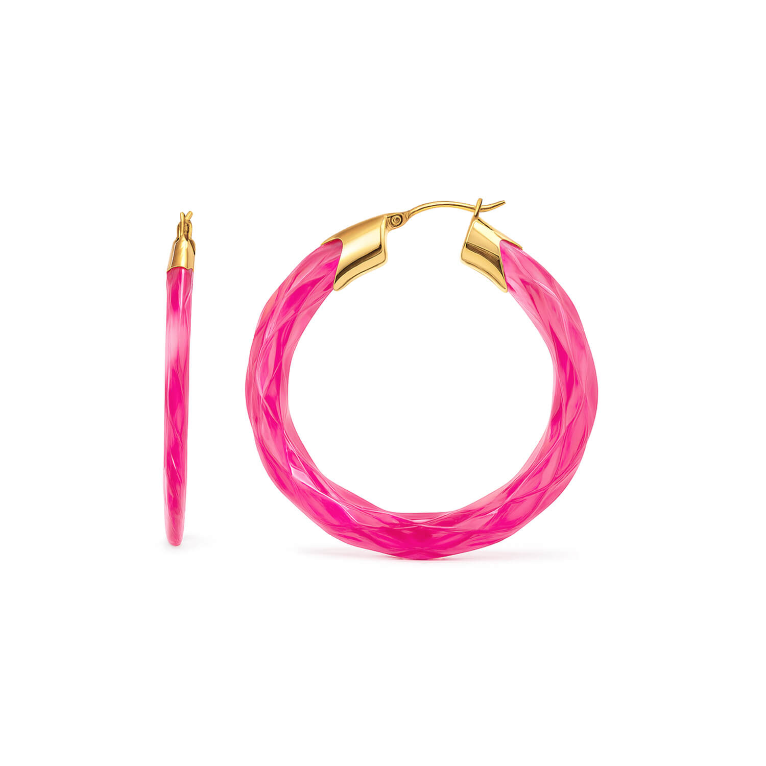 Gold & Honey Women's Gold / Pink Pink Tourmaline Swirl Twist Lucite Birthstone Hoop Earrings