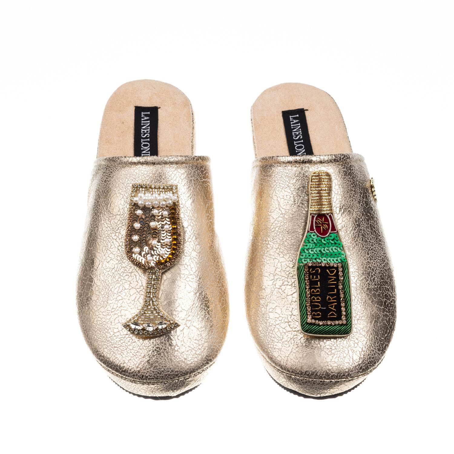 Laines London Women's  Gold Softie Slippers With Bubbles Darling Brooches In Gold