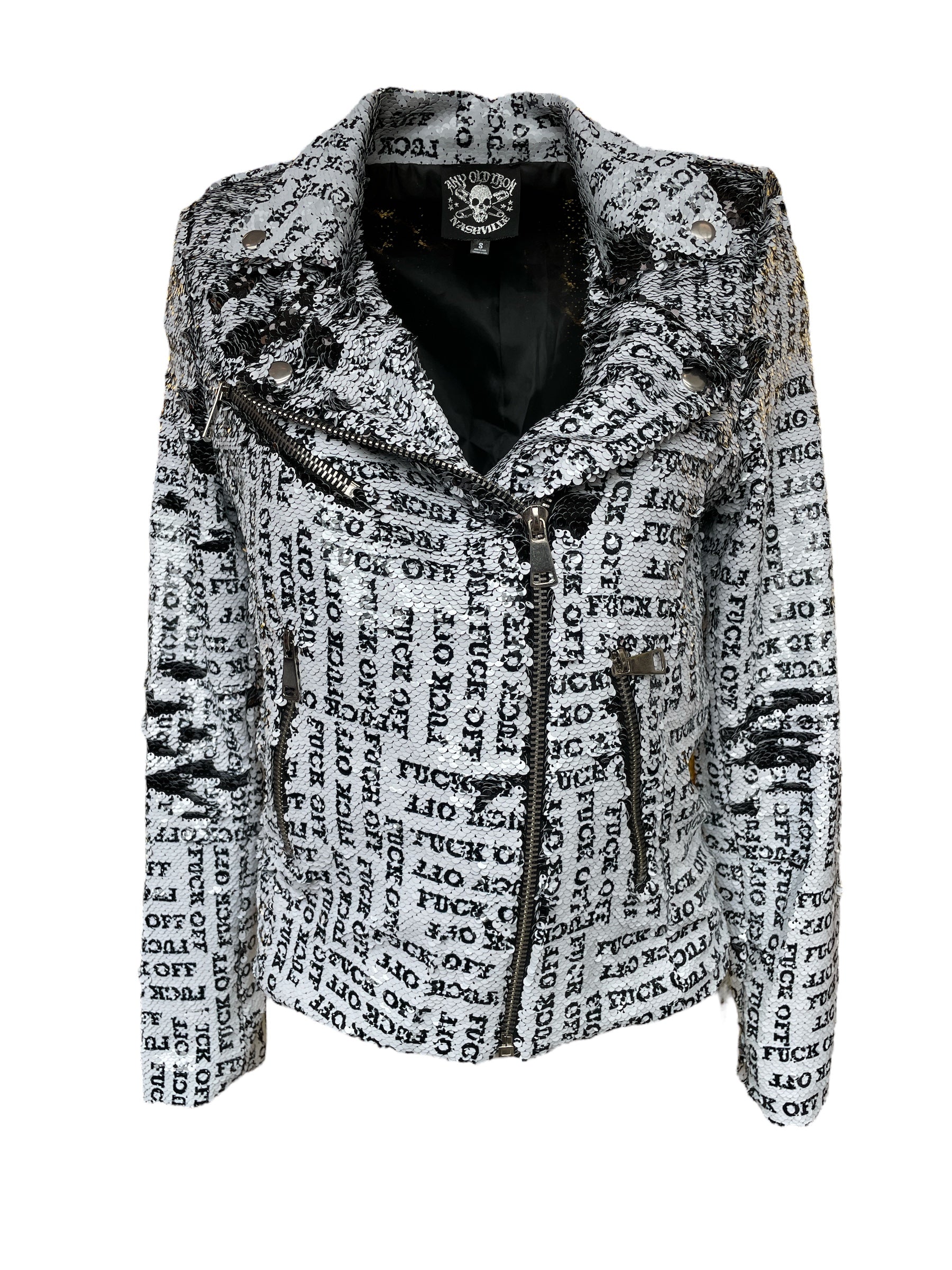 Any Old Iron Women's Neutrals / Black / White Black & White Small Fuck Off Sequin Moto In Black/white