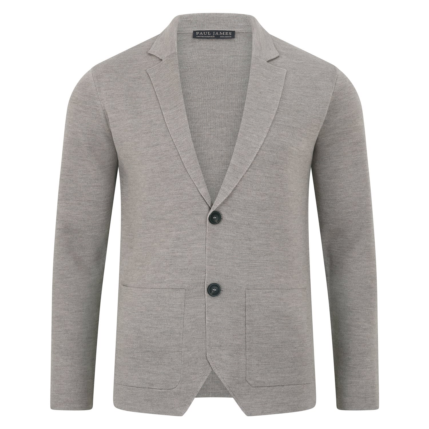 Paul James Knitwear Neutrals Mens Lightweight Extra Fine Merino Wool Massimo Knitted Blazer - Barley