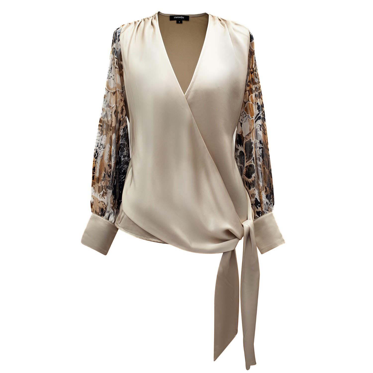 Smart And Joy Women's Neutrals Cross Heart Top With Floral Print Sleeves