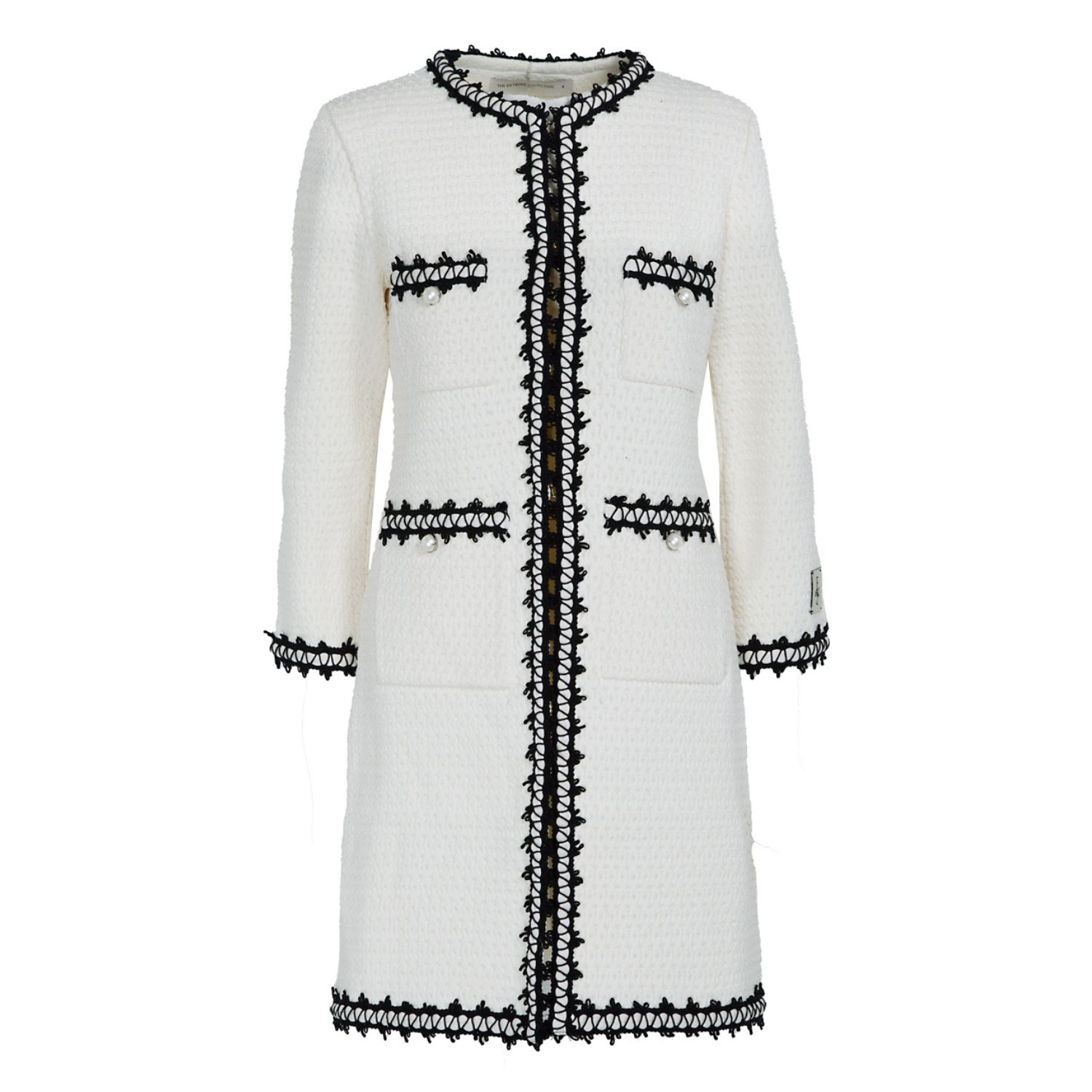 Women’s Long White Tweed Jacket With Patch Pockets & Trimmings Chantal Medium The Extreme Collection