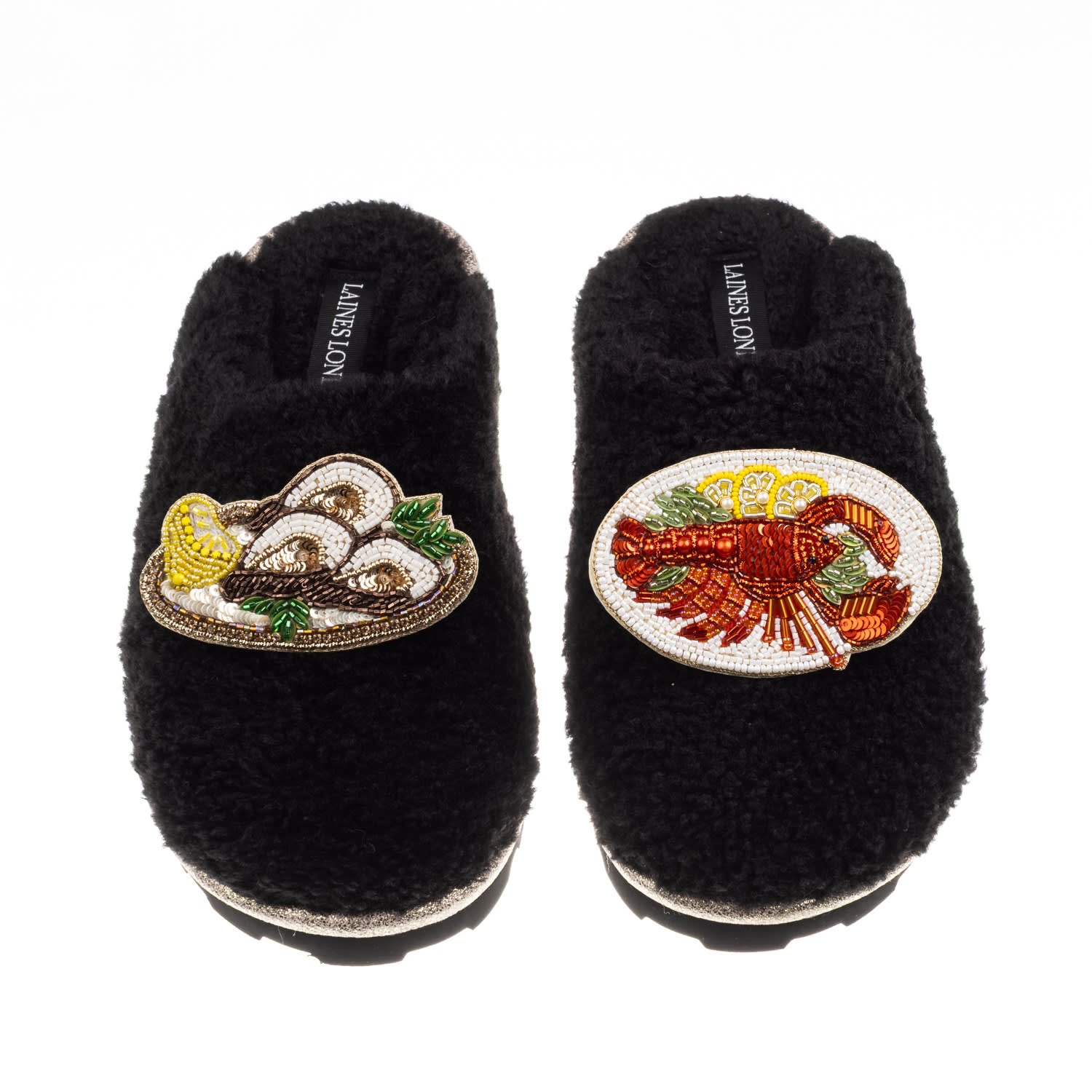 Laines London Women's Teddy Closed Toe Slippers With Lobster Platter & Oyster Brooches - Black In Black