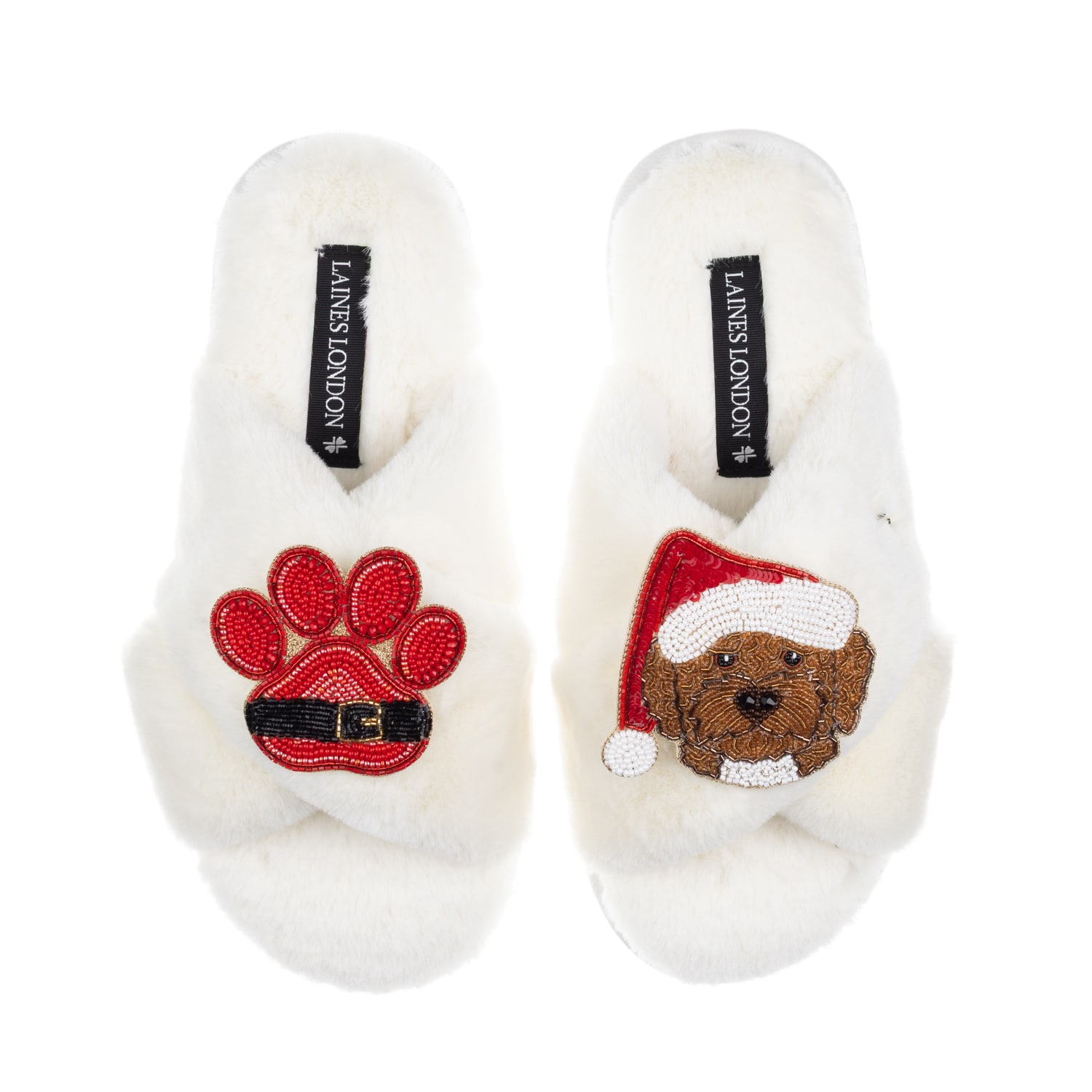 Laines London Women's Neutrals / White Classic Slippers With Christmas Brown Cockapoo & Paw Brooches - Cream In White