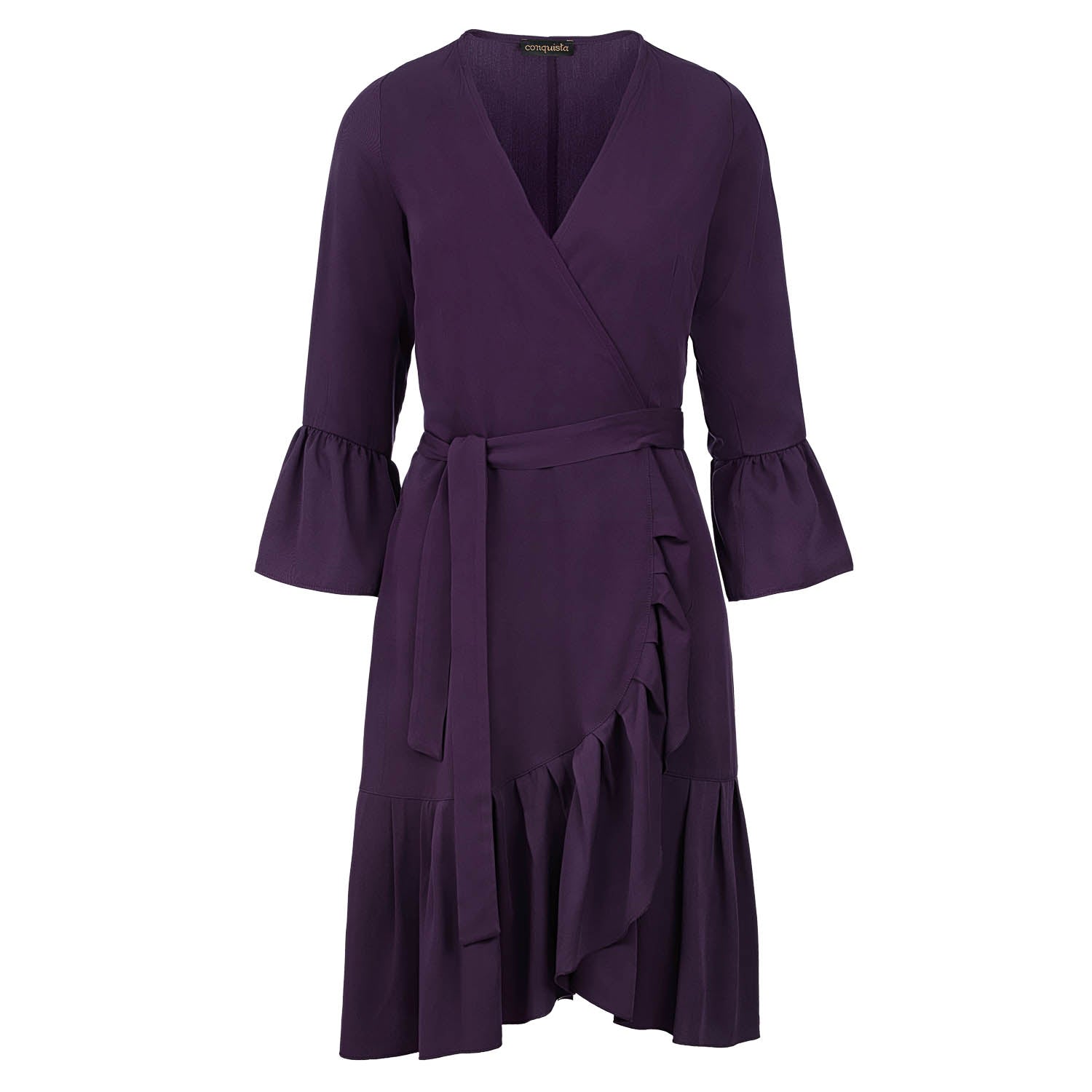 Women’s Pink / Purple Aubergine Blue Wrap Dress Viscose With Bell Sleeves. Medium Conquista