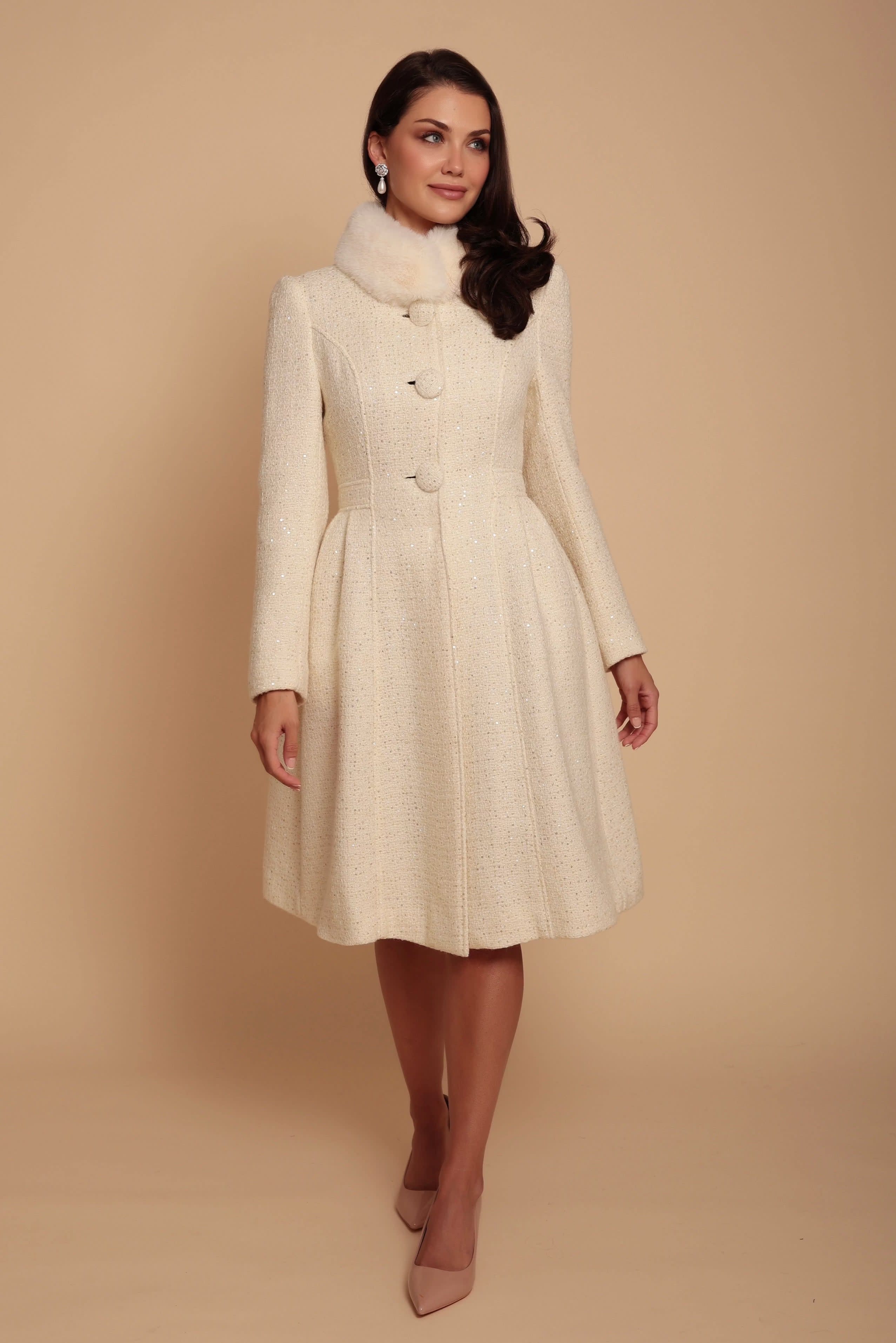 Starlet Wool Tweed Dress Coat With Faux Fur In Crema | Santinni