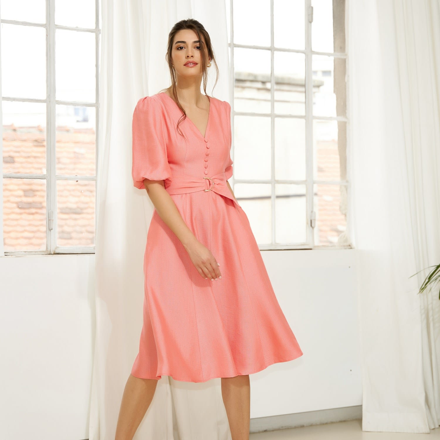 Women's Pink / Rose Gold Marie-Louise Puff-Sleeve Silky Linen Midi Dress | XXS | Noria Anis