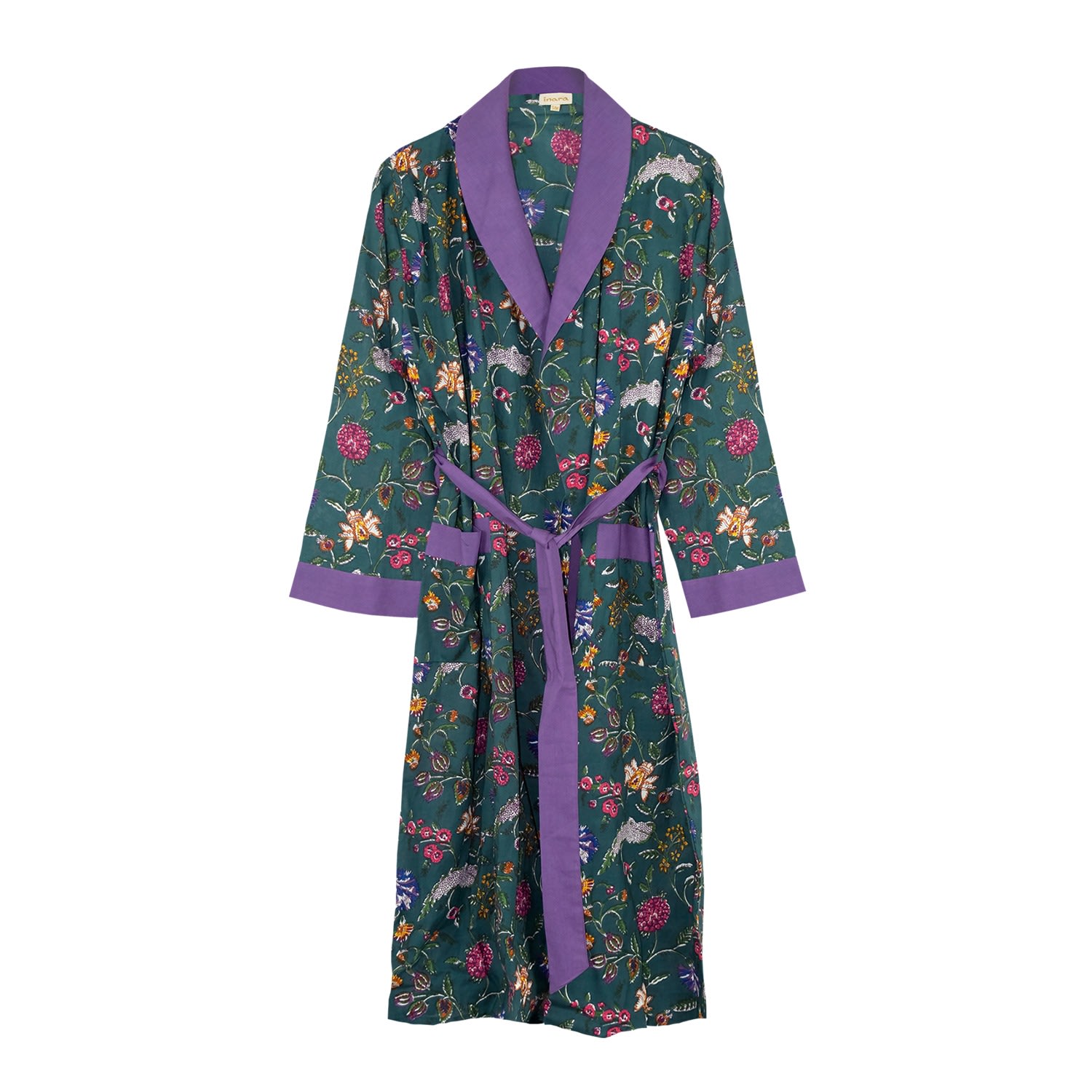 Inara Women's Green Indian Cotton Lavender Fields Print Robe In Green