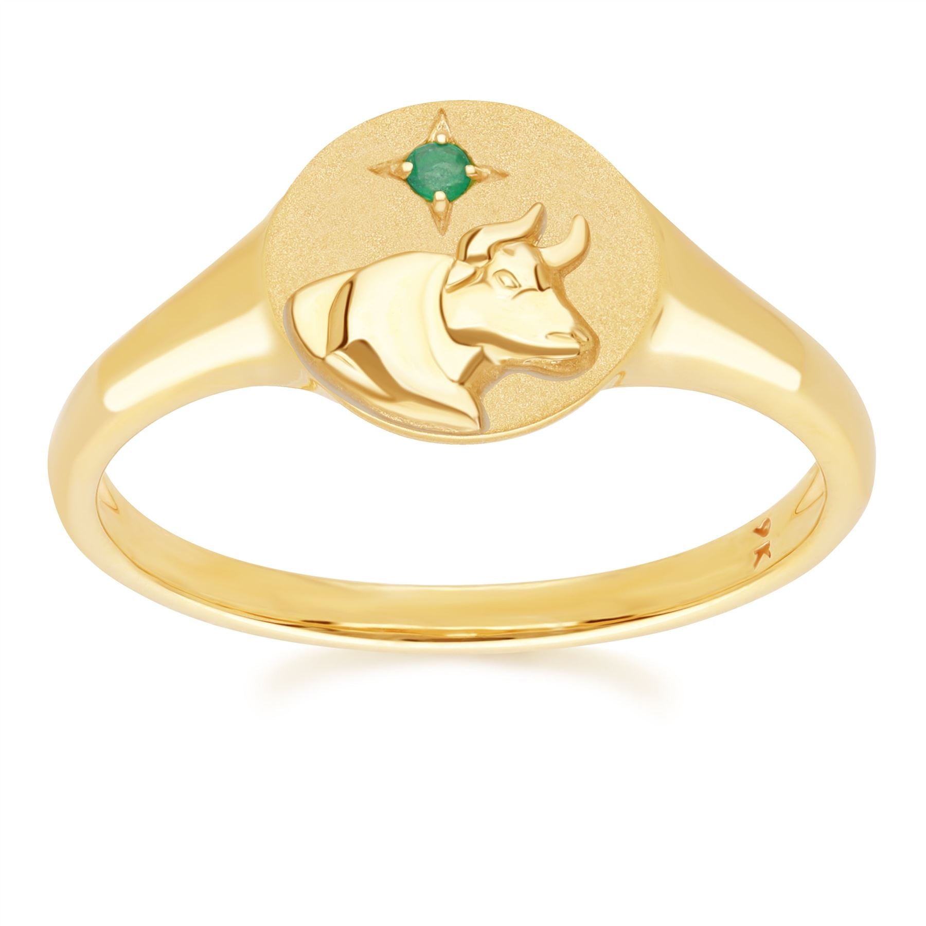 Women’s Green Zodiac Emerald Taurus Signet Ring In Yellow Gold Gemondo