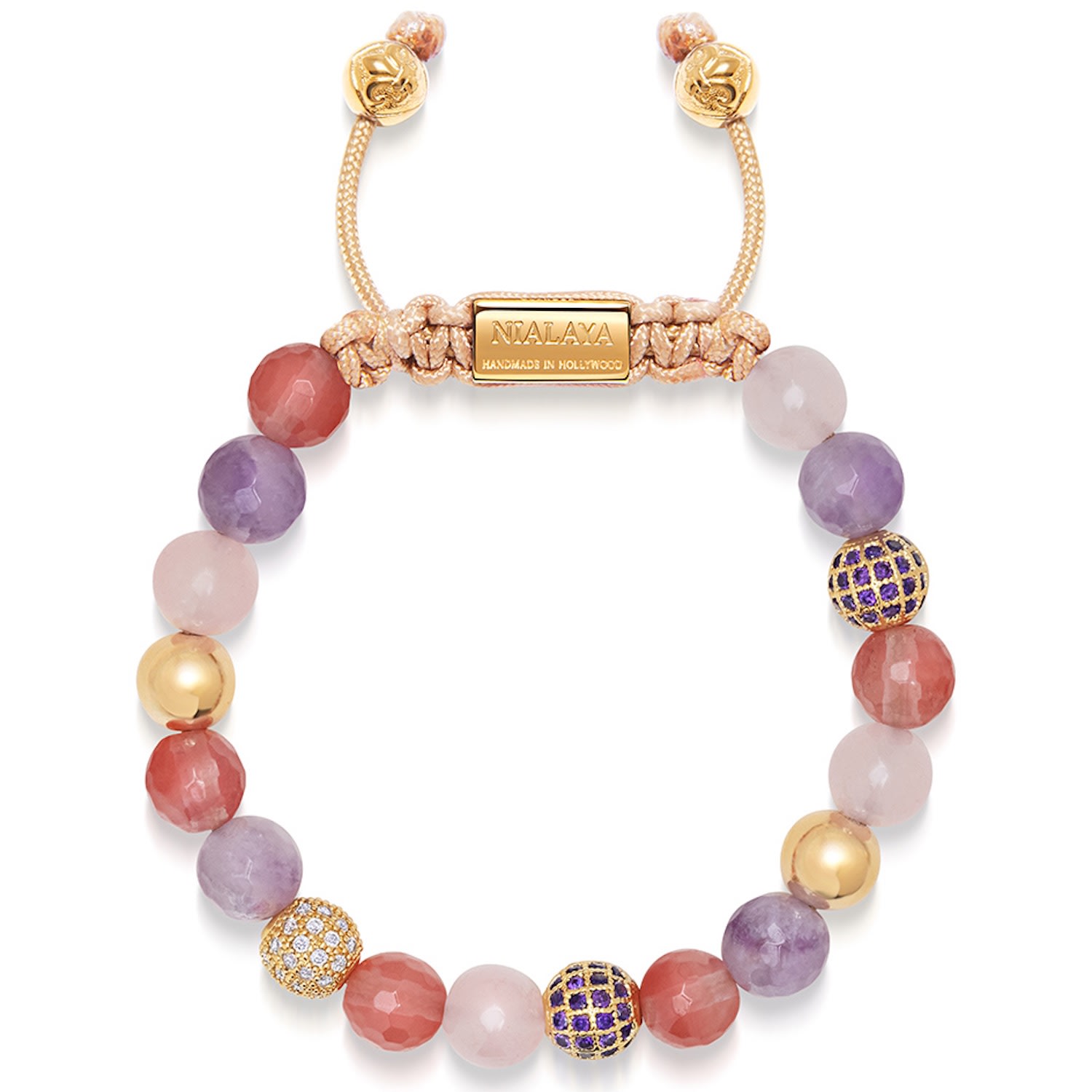 Nialaya Pink / Purple / Gold Women's Beaded Bracelet With Rose Quartz, Amethyst, Cherry Quartz And Gold In Multi