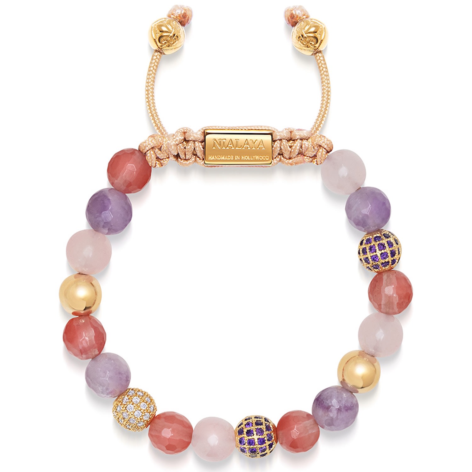 Pink / Purple / Gold Women’s Beaded Bracelet With Rose Quartz, Amethyst, Cherry Quartz And Gold Nialaya