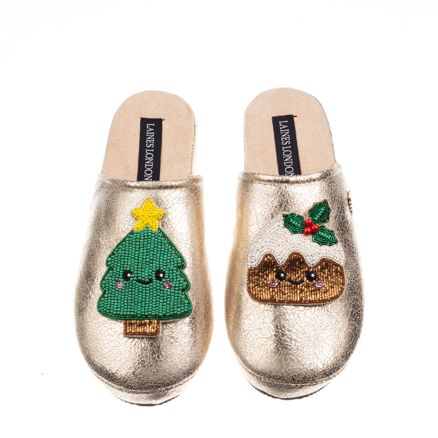 Laines London Women's Gold Softie Slippers With Christmas Lovable Pudding & Tree Brooches In Gold