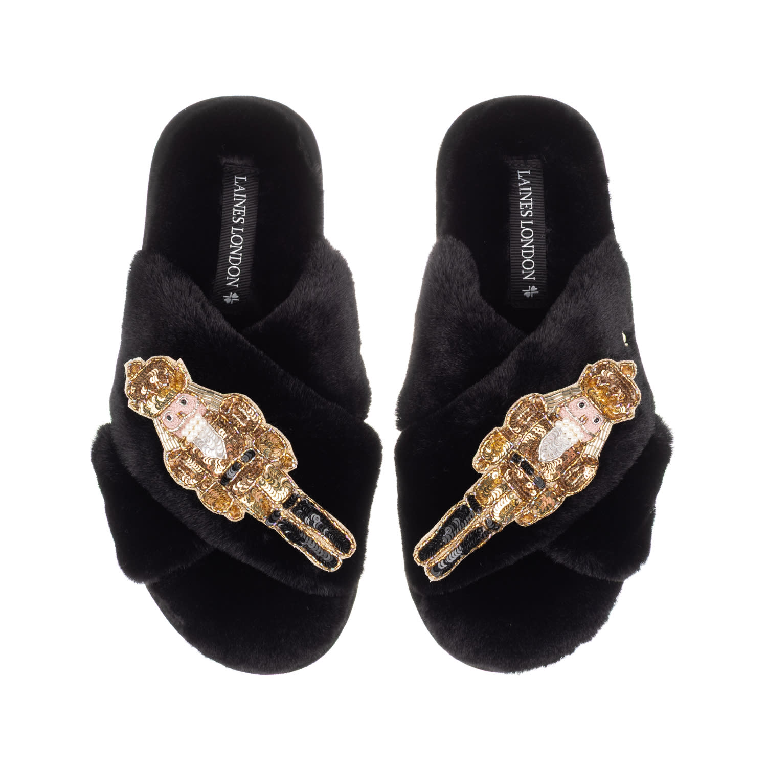 Laines London Women's Classic Laines Christmas Collection Slippers With Double Gold Grand Nutcrackers Brooches - B In Black
