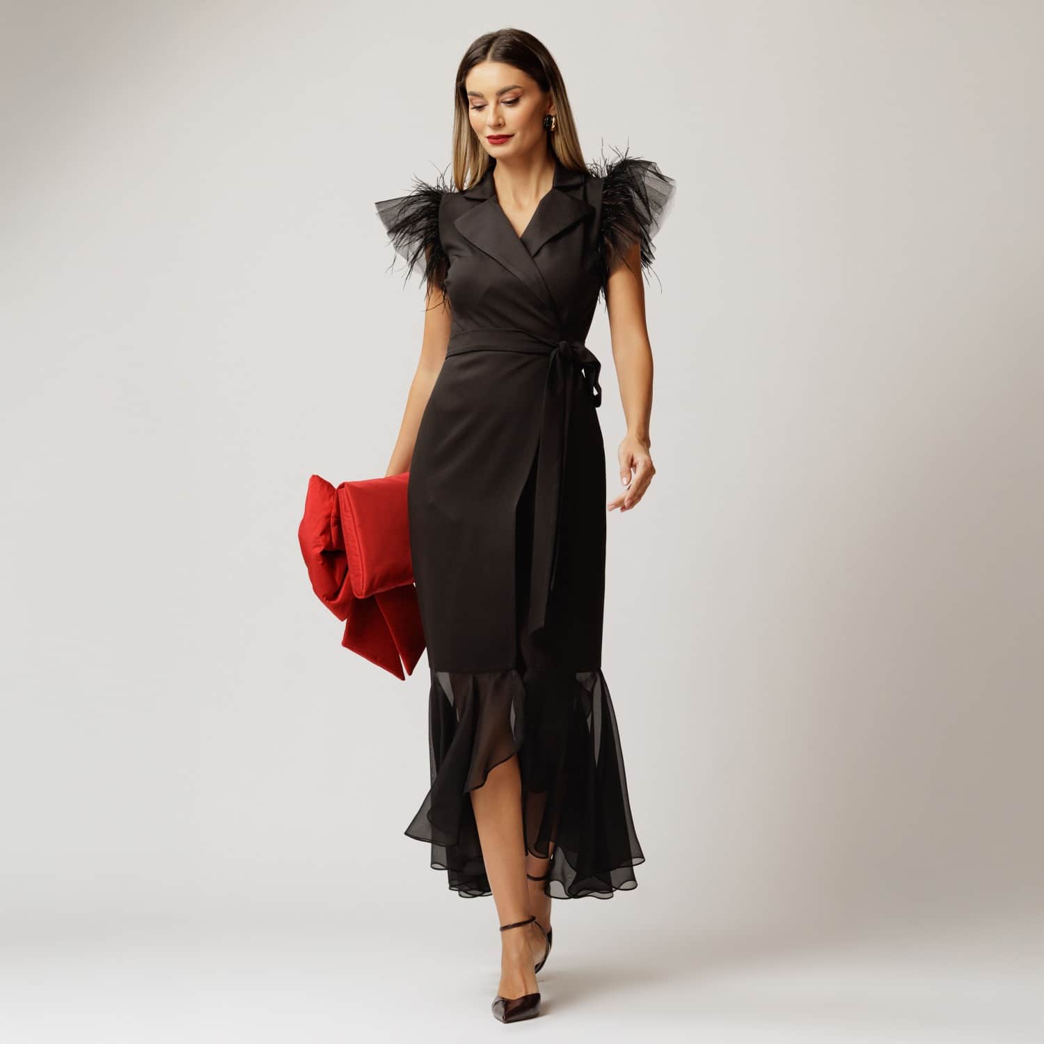 Long Black Blazer Wrap Dress With Tulle And Soft Veil | concept A