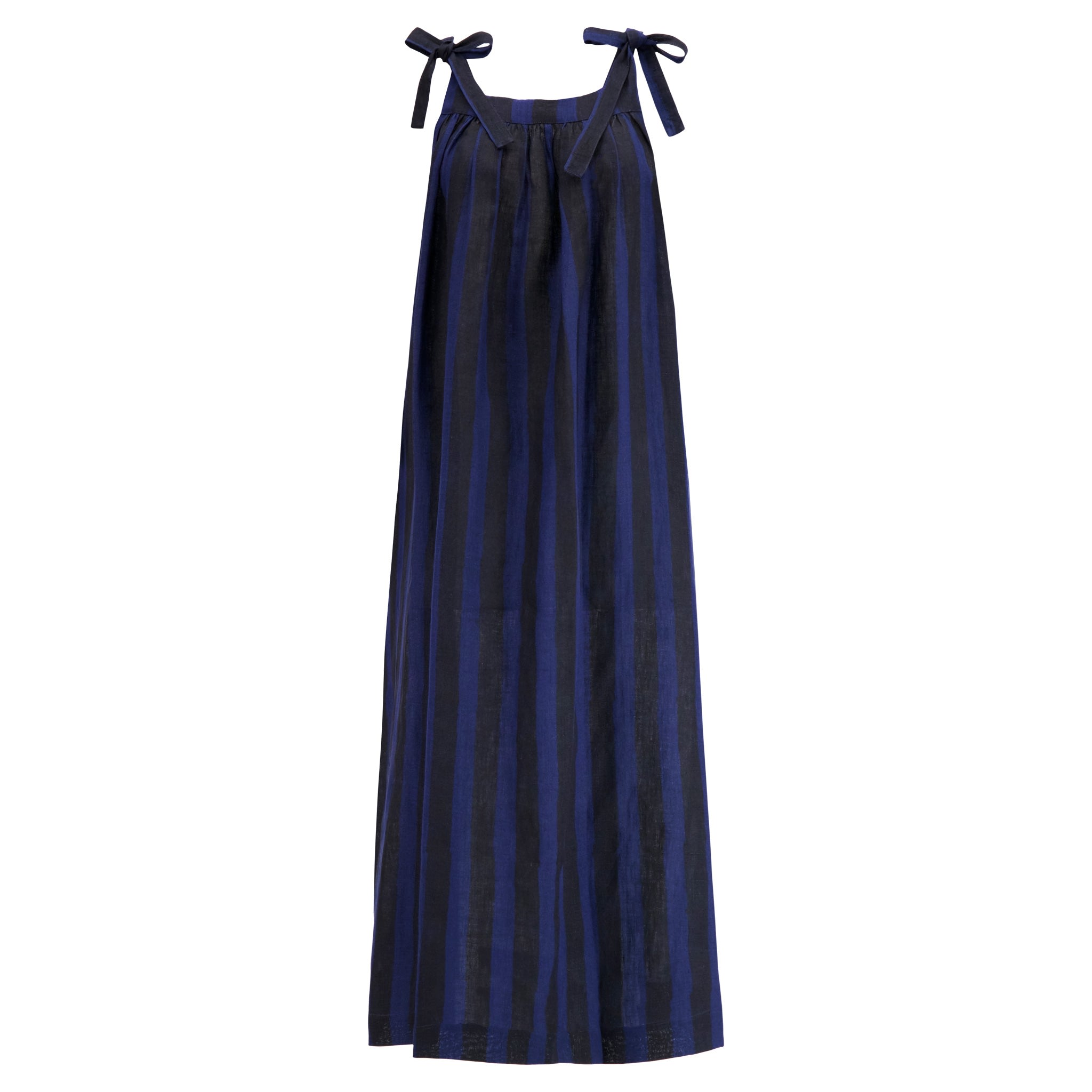 Women’s Blue / Black Maxi Mimi Adjustable Shoulder Tie Linen Long Maxi Dress With Side Pockets In Midnight Navy Cabana Stripe Block Print One Size Kate Austin Designs