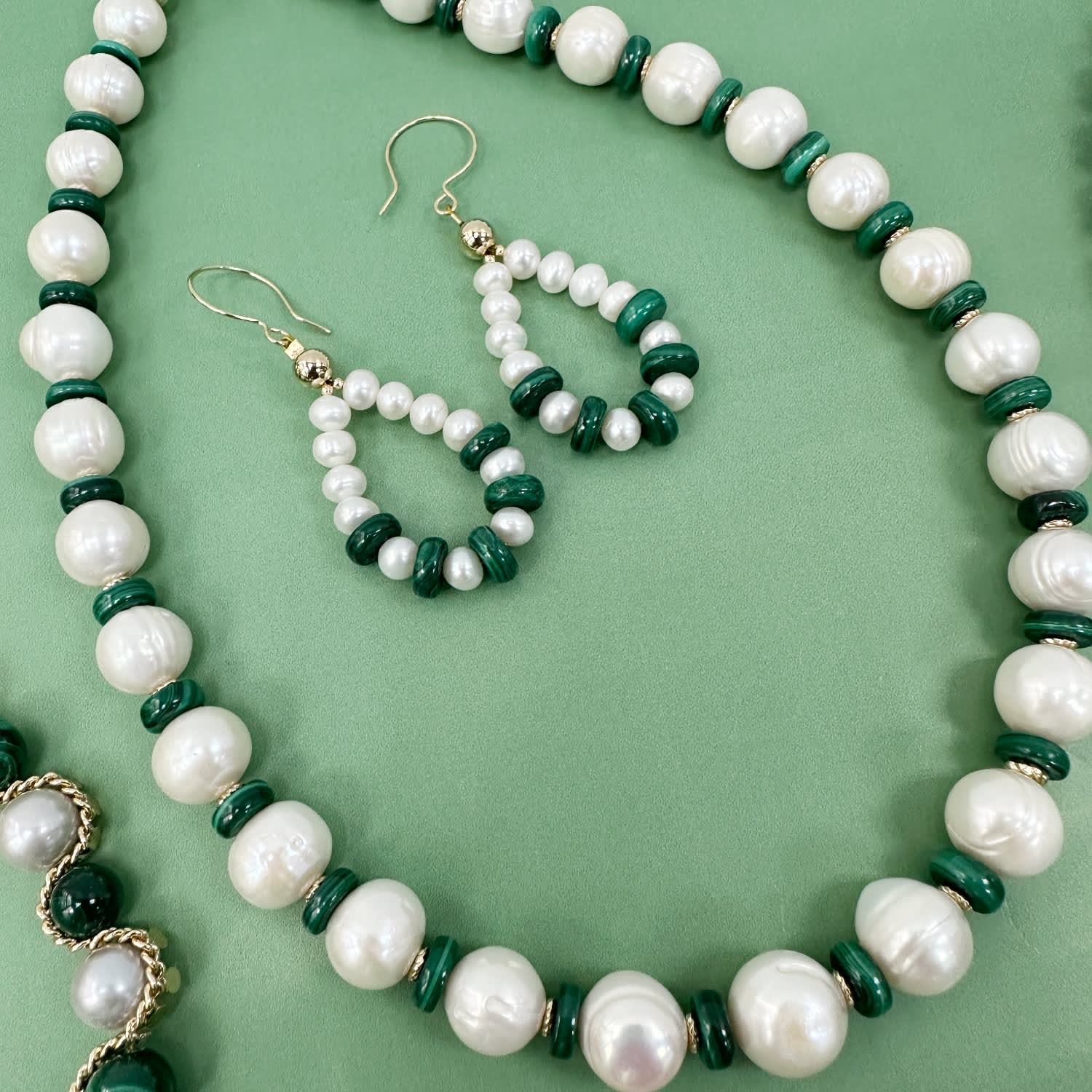 Freshwater Pearls With Green Malachite Beads Spacer Necklace