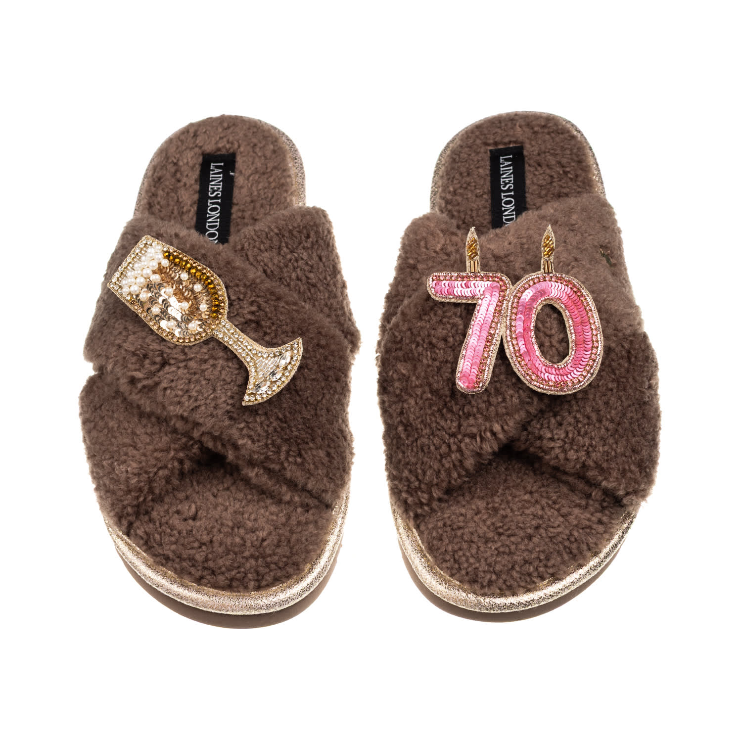 Women’s Brown / Neutrals Laines Neutral Boucle Slippers With 70Th Birthday & Champers Brooches – Mink | Small | Laines London