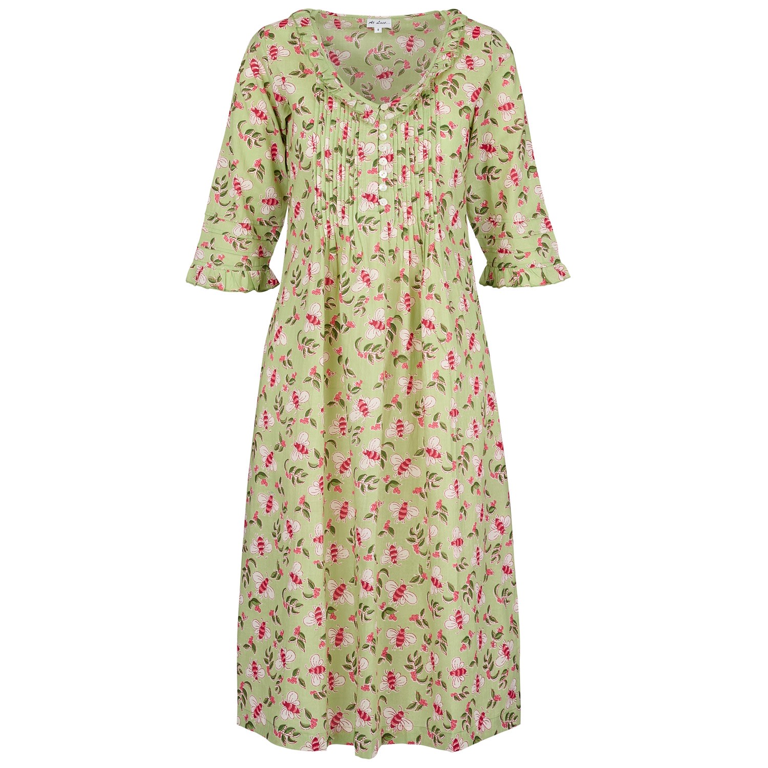 Women’s Green Cotton Karen 3/4 Sleeve Day Dress In Pistachio With Pink Busy Bees Extra Small At Last...