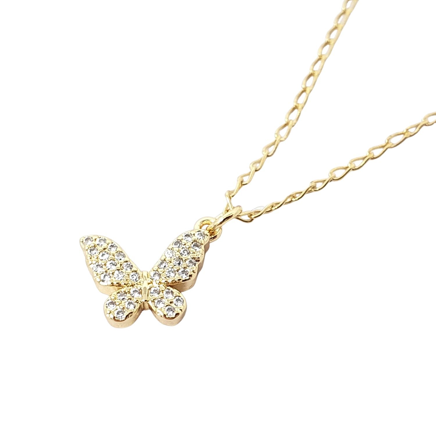 Women’s Small Butterfly Micro Pave Gold Plated Charm Necklace Harfi