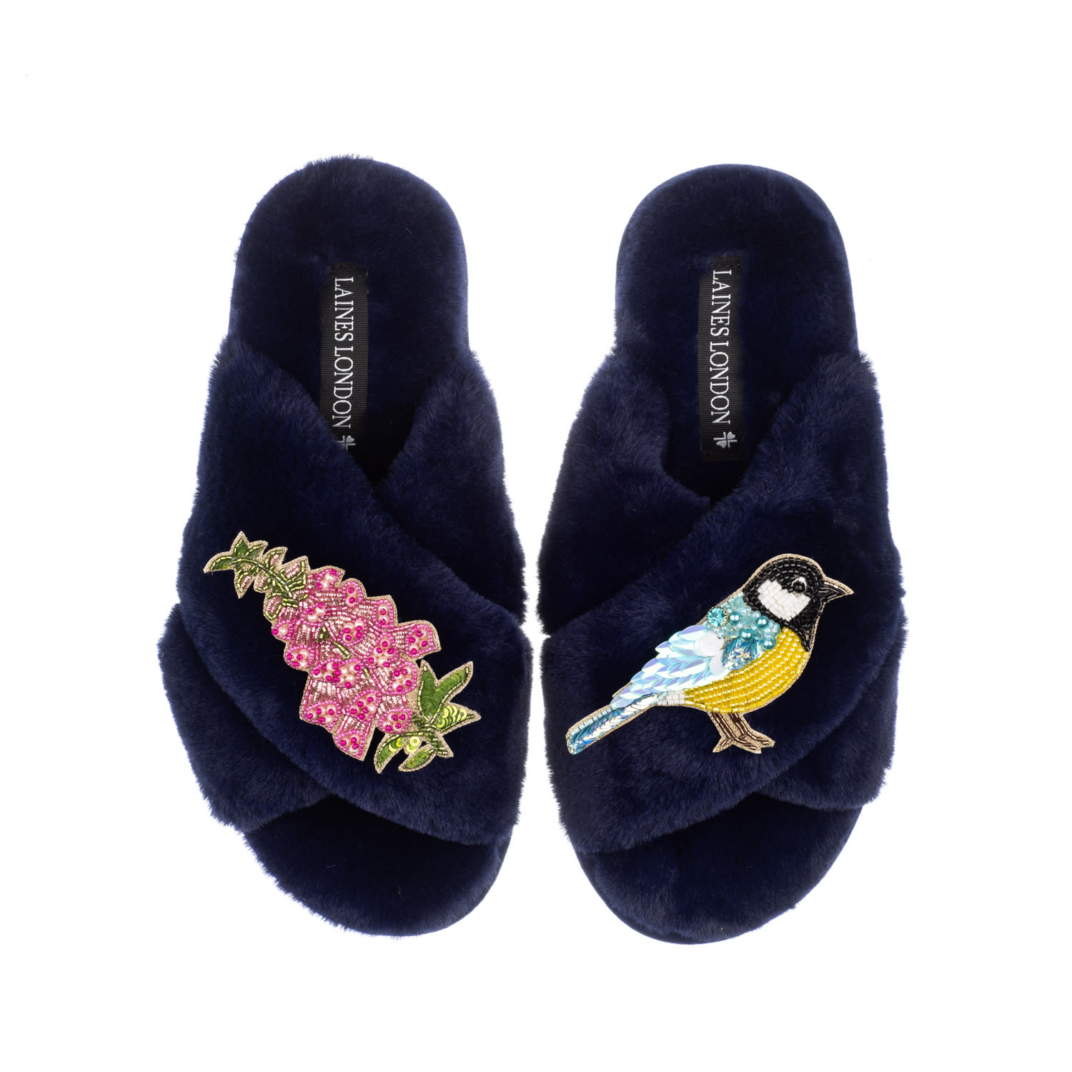 Laines London Women's Classic Laines Slippers With Pink Foxglove Flowers & Blue Tit Brooches - Navy In Blue