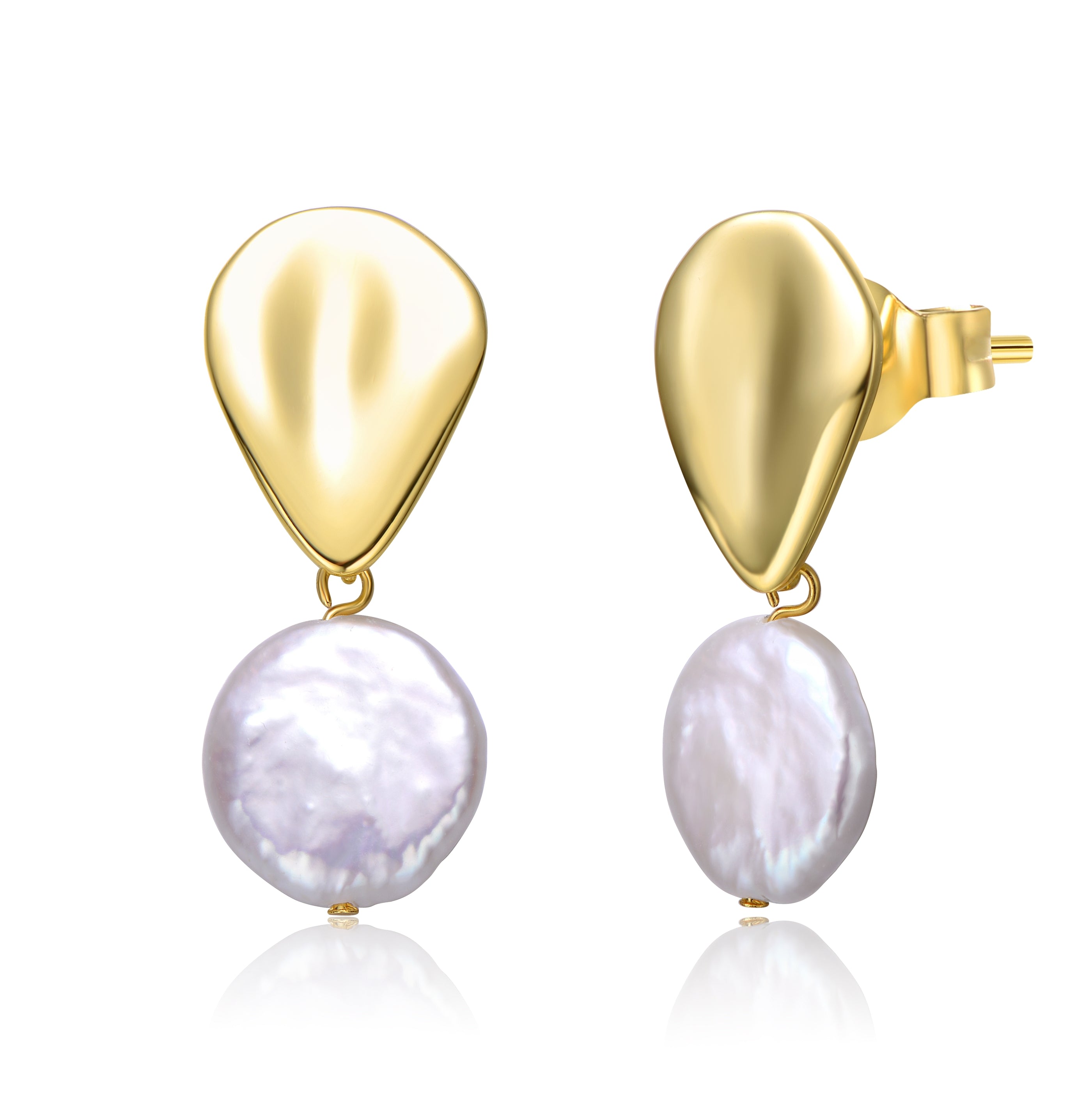 Women’s Gold / White Sterling Silver Yellow Gold Plated With White Coin Pearl Raindrop Double Dangle Drop Earrings Genevive Jewelry