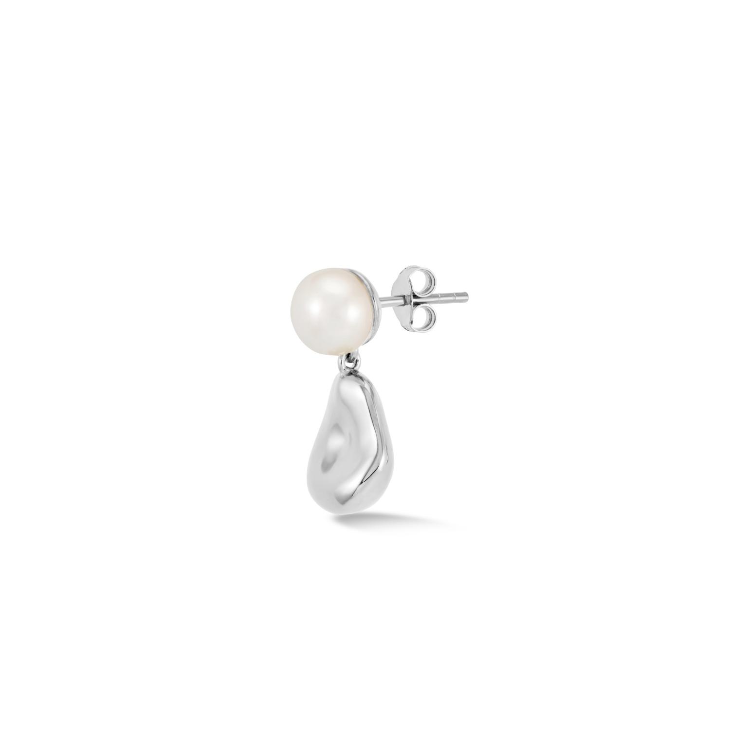 Men's Single Pebble & White Pearl Earring In Silver Dower & Hall