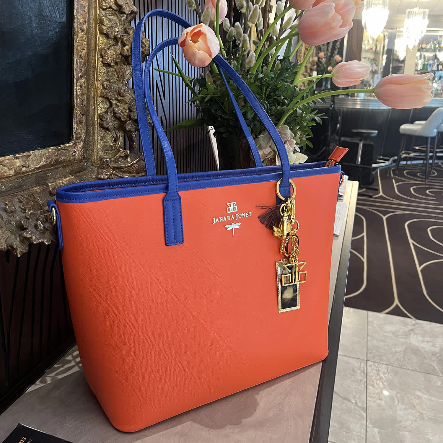 Orange Tote Bag With Blue Handles | Janara Jones | Wolf & Badger