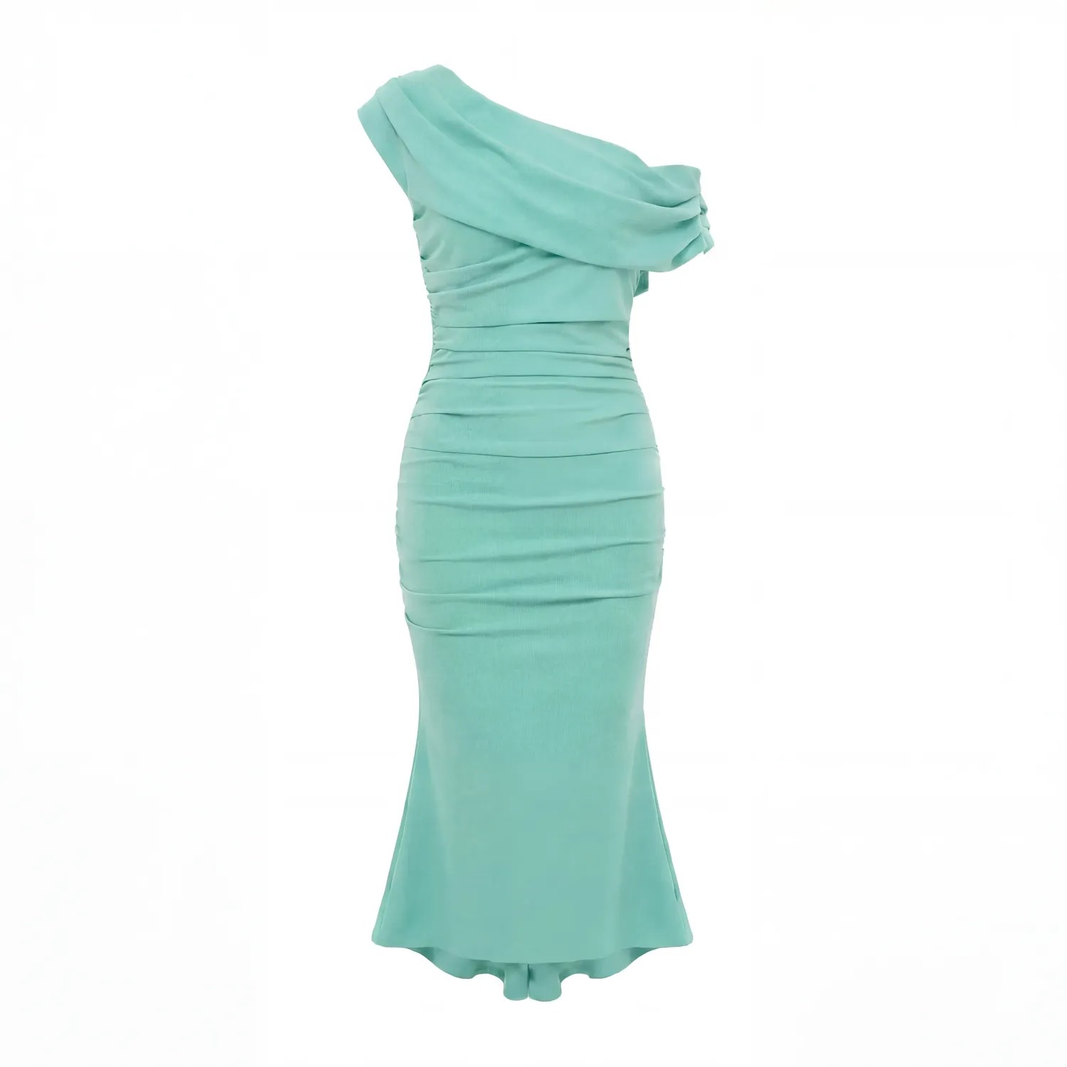 aqua ruched ruffled midi dress - exclusive Aqua Ruched Ruffled Midi Dress in Green