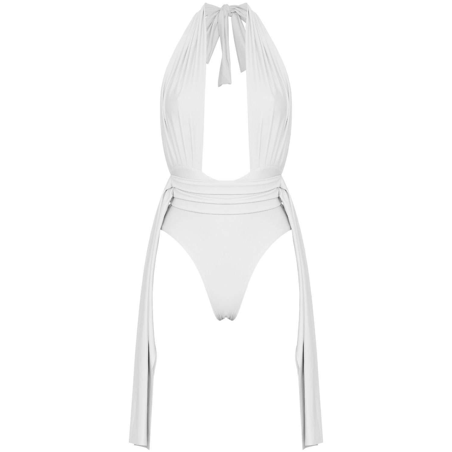 Antoninias Women's Plonger Deep Plunge Halter Neck Swimsuit With Decorative Belt In White In White