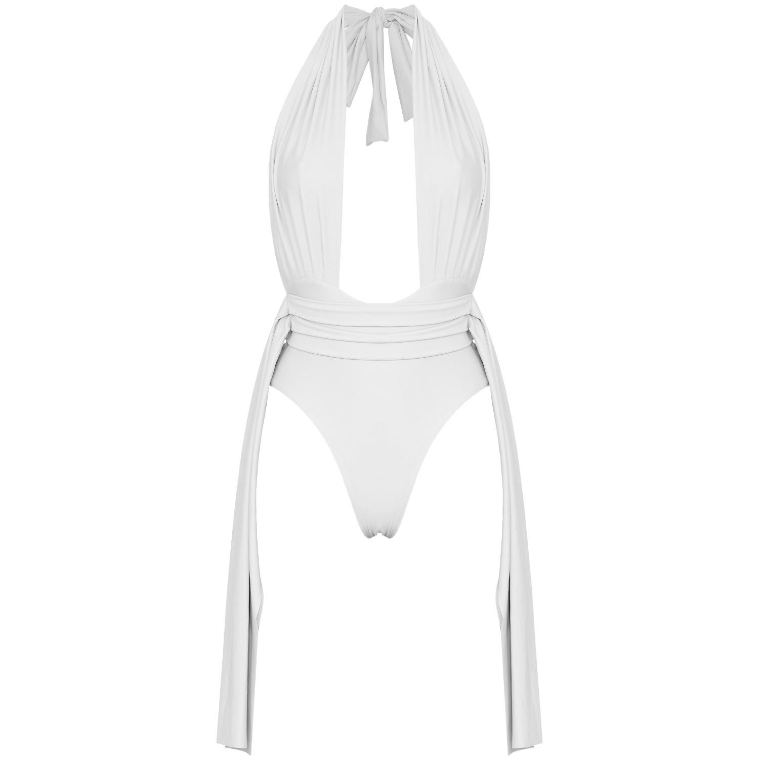 Antoninias Women's Plonger Deep Plunge Halter Neck Swimsuit With Decorative Belt In White