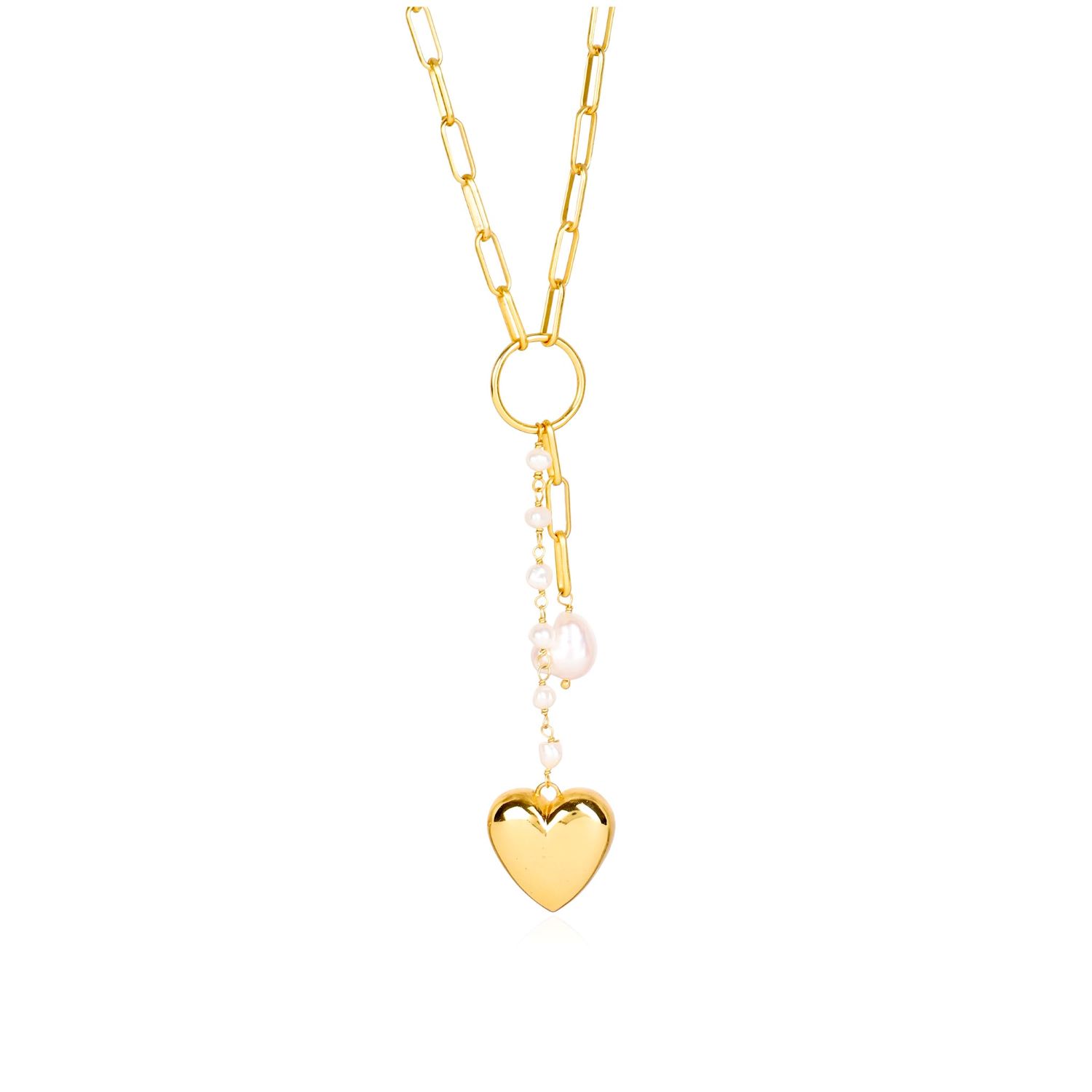 Lila Rasa Women's Gold / White Paperclip Pearl & Heart Drop Necklace
