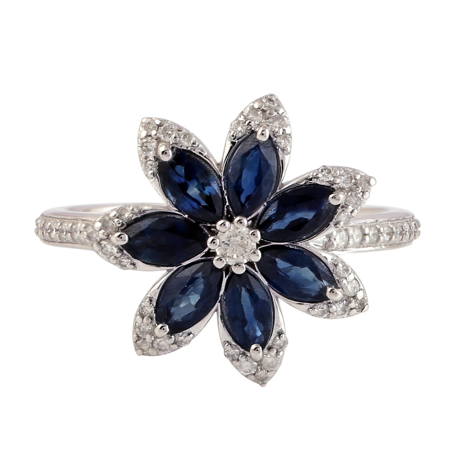 Artisan Women's White / Blue Blue Sapphire And Diamond Floral Cocktail Ring In White Gold In Blue