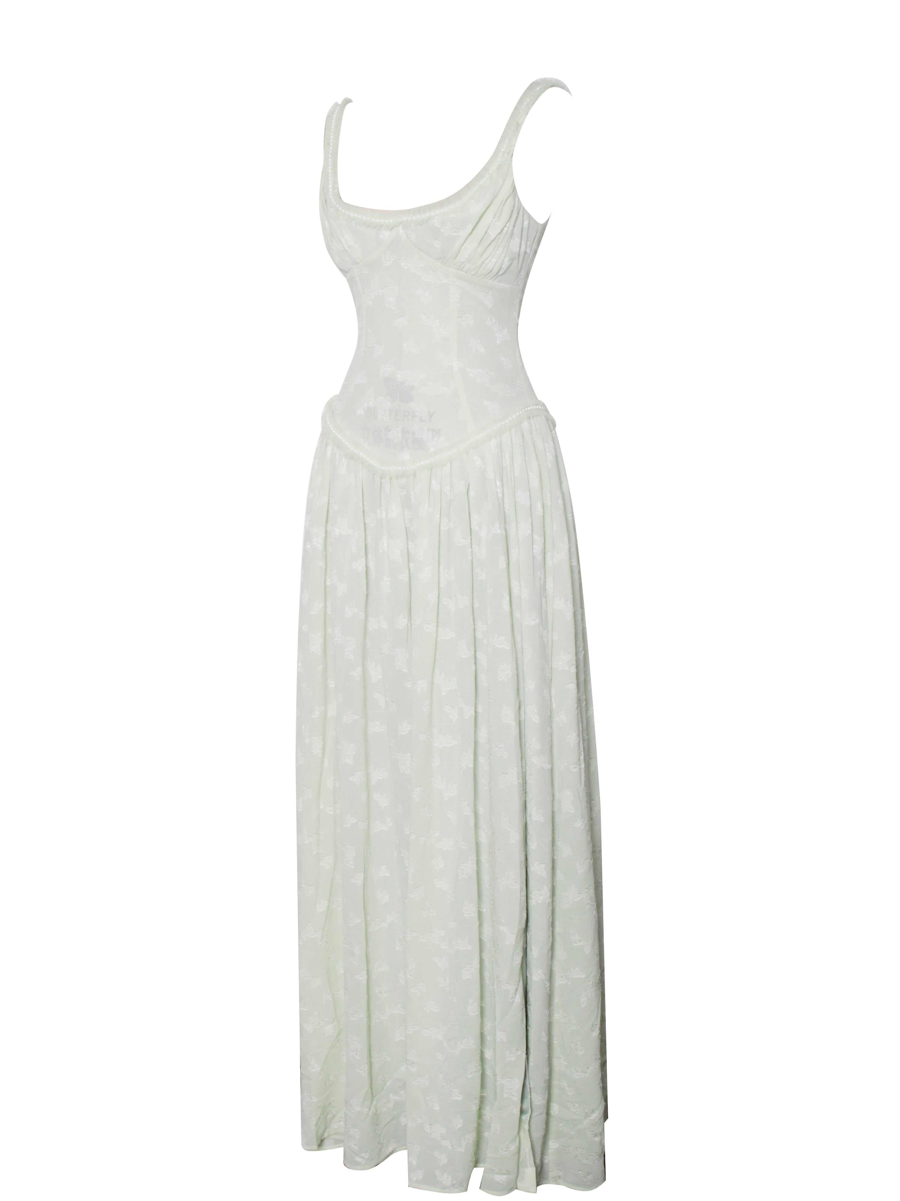 Ulissa Light Green Square Neck Jacquard Textured High Slit