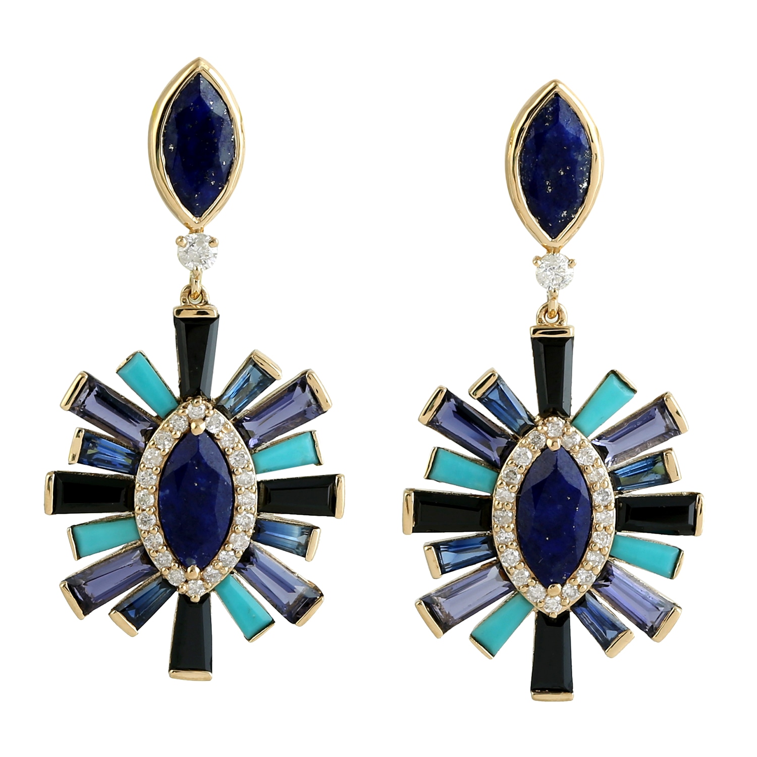 Artisan Women's Gold / White 18k Gold Baguette Multi-gemstone & Diamond Dangle Earrings In Blue