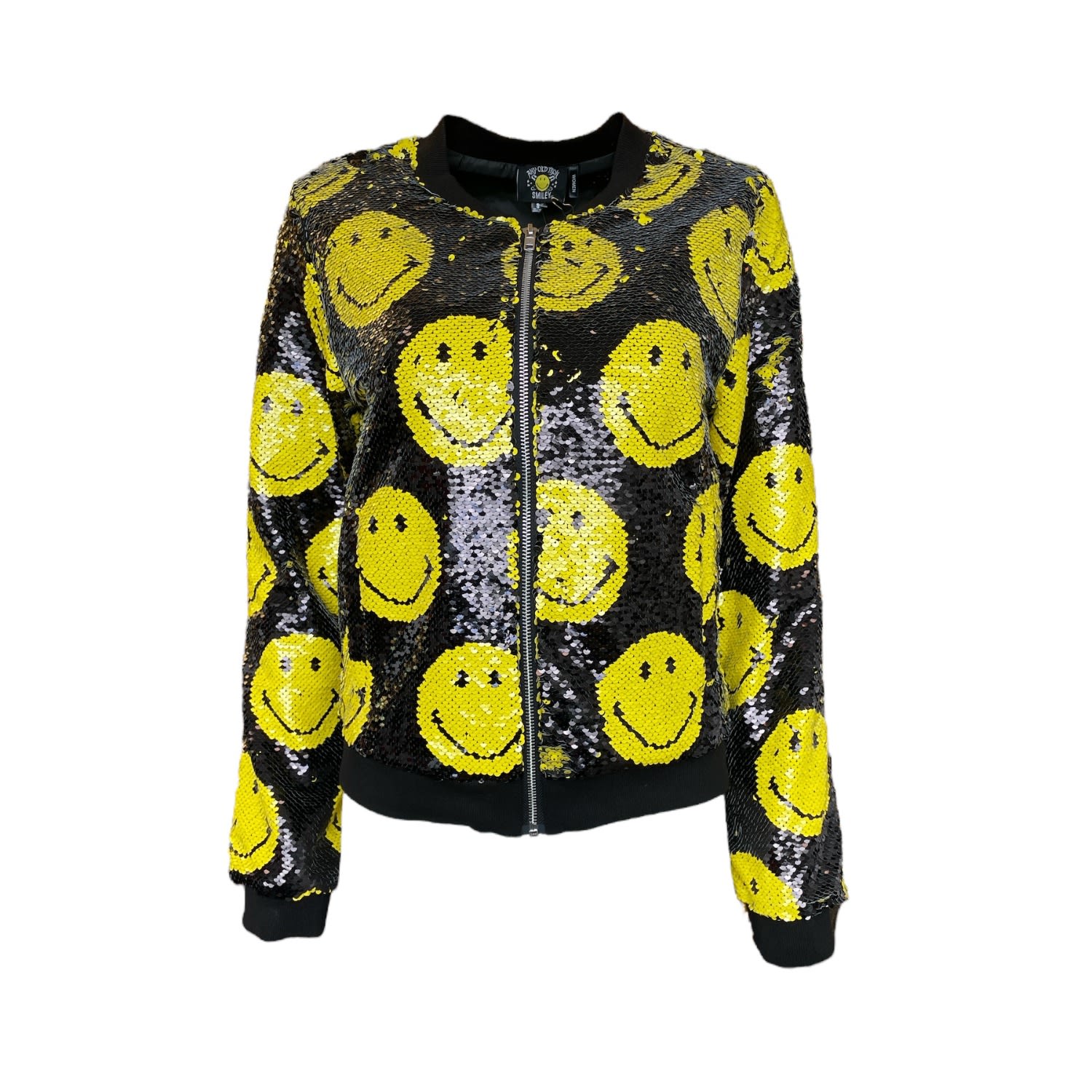 Any Old Iron Black / Yellow / Orange Men's Yellow Smiley Reversible Sequin Bomber Jacket In Black/yellow/orange