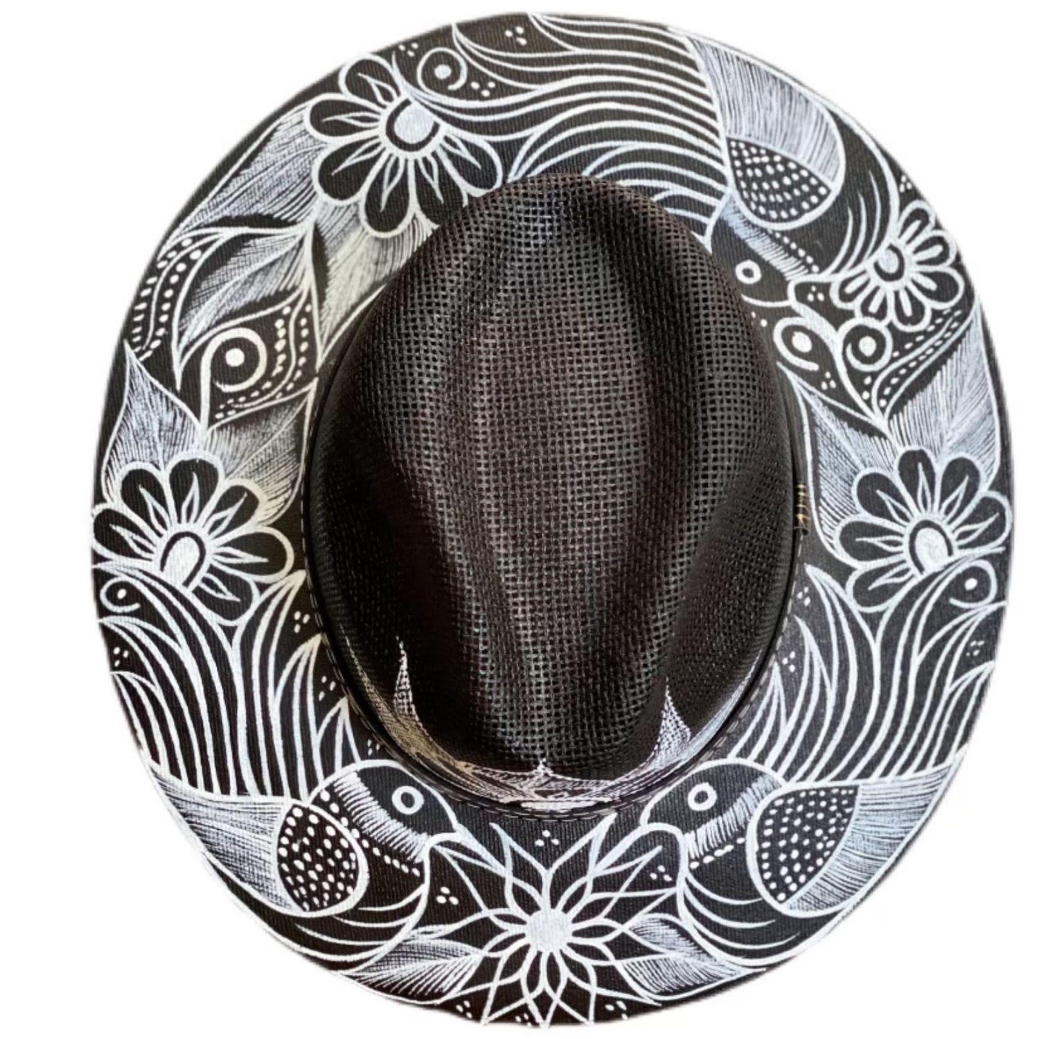 Women’s Hand-Painted Hat From Mexico - Birds - Black, White Medium Larkin Lane