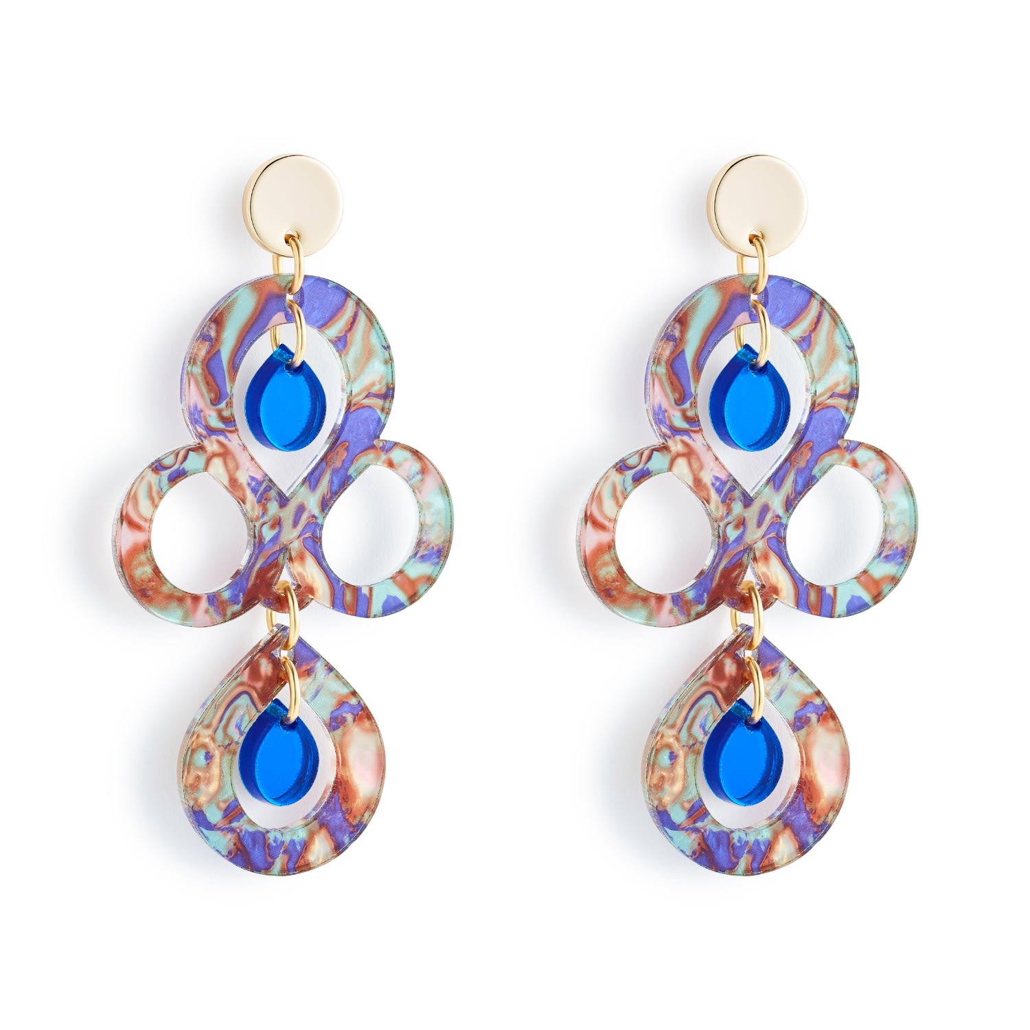 Toolally Women's Blue / Gold / Green Petite Batik Earrings - Blue Splatter & Blue Mirror In Neutral