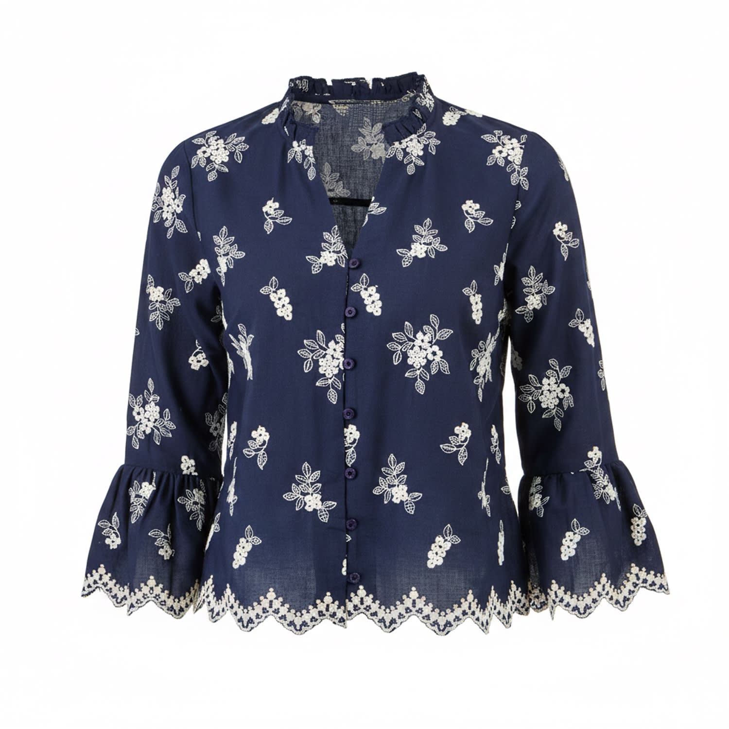 Yumi Women's Blue  Navy Broderie Shirt With Fluted Sleeves