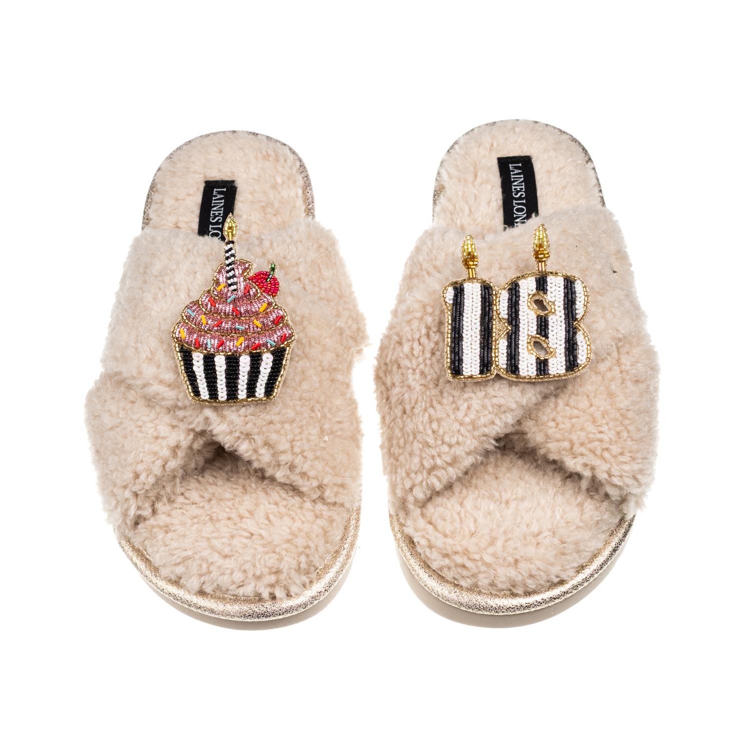 Laines London Women's Brown / Neutrals Laines Neutral Boucle Slippers With Stripe 18th Birthday & Cake Brooches - 