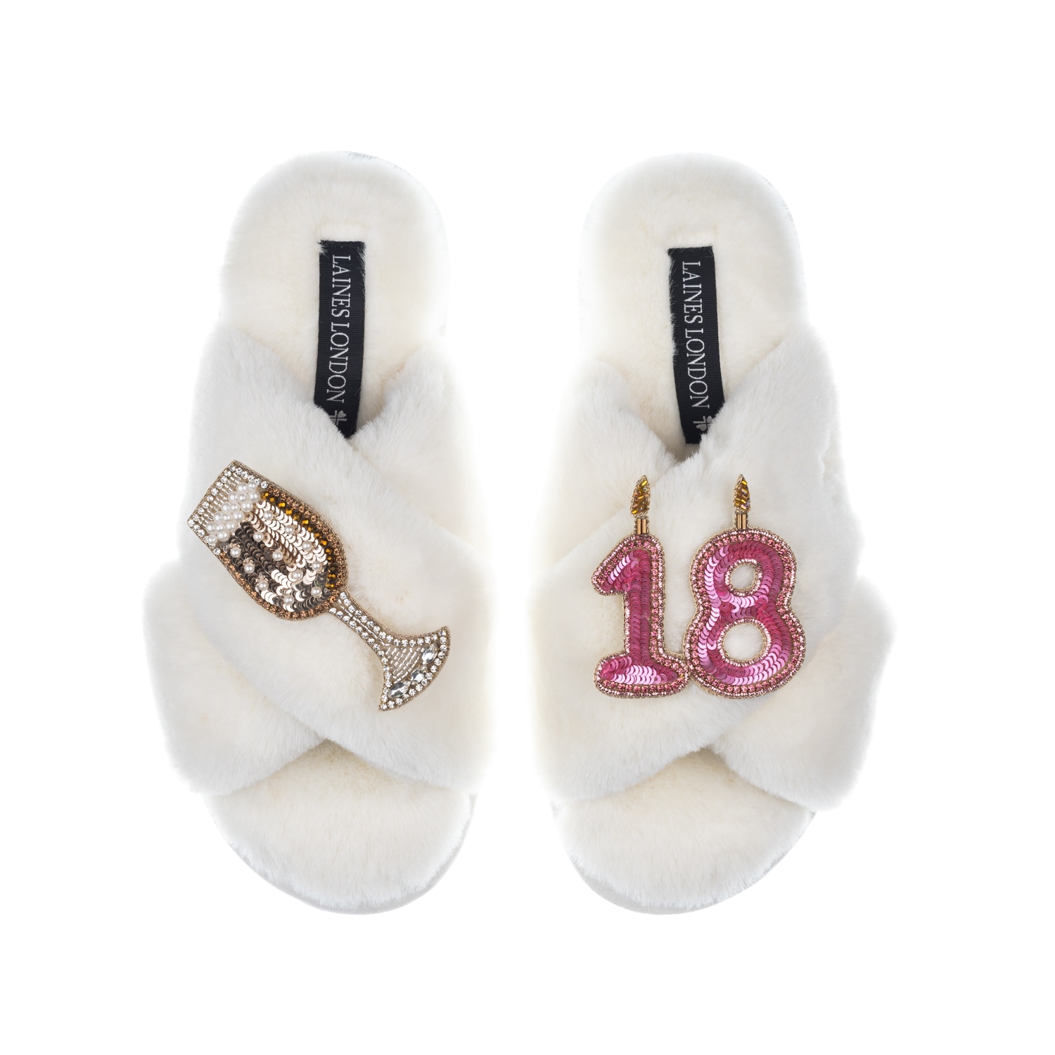 Laines London Women's White Classic Laines Slippers With 18th Birthday & Champagne Glass Brooches - Cream In White