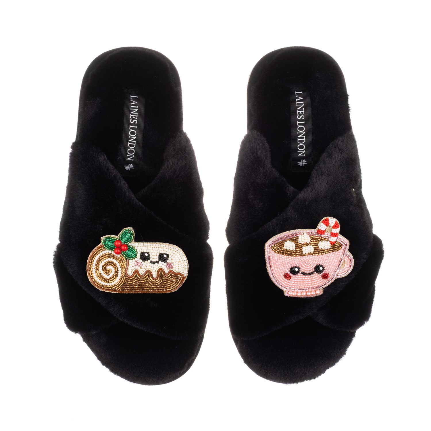Laines London Women's Classic Slippers With Christmas Laines Lovable Yule Log & Hot Chocolate Brooches - Black In Black