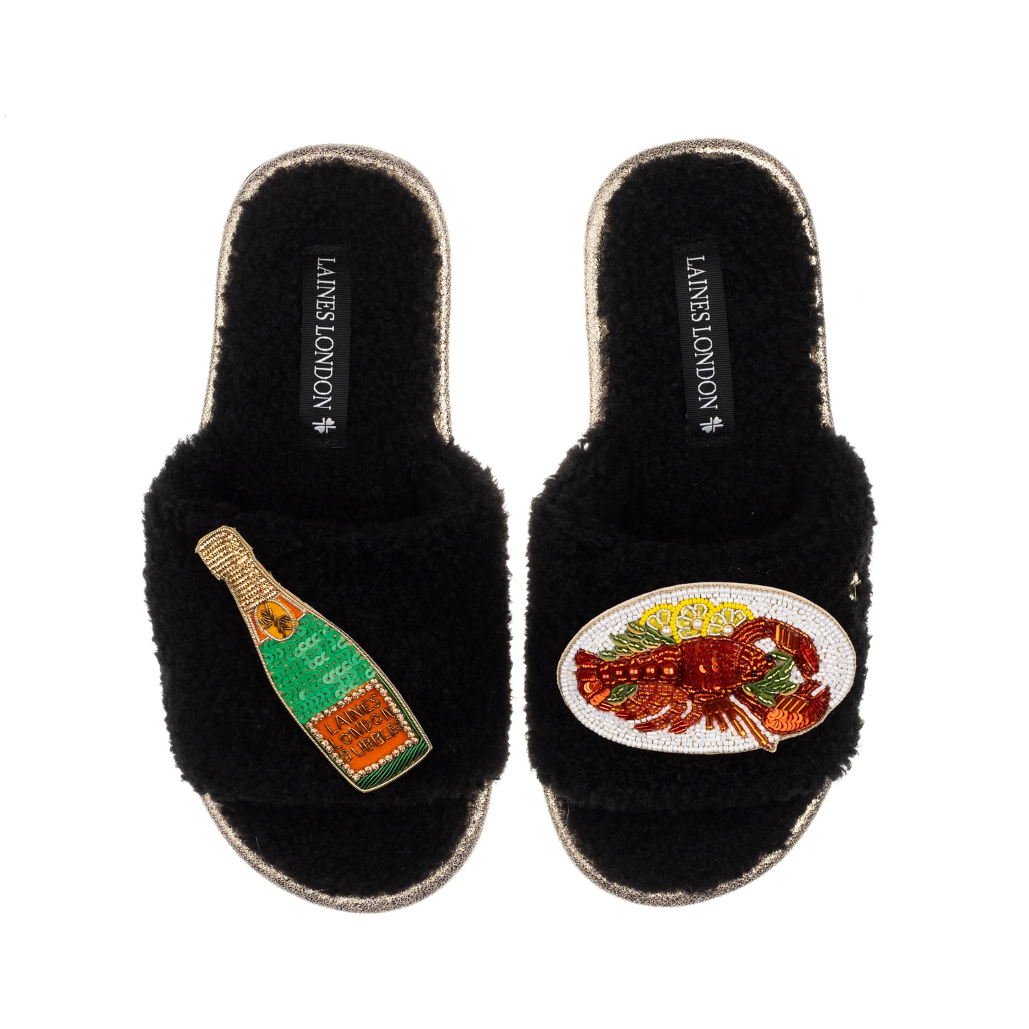 Laines London Women's Teddy Toweling Slipper Sliders With Lobster Platter & Champagne Bottle Brooches - Black In Black