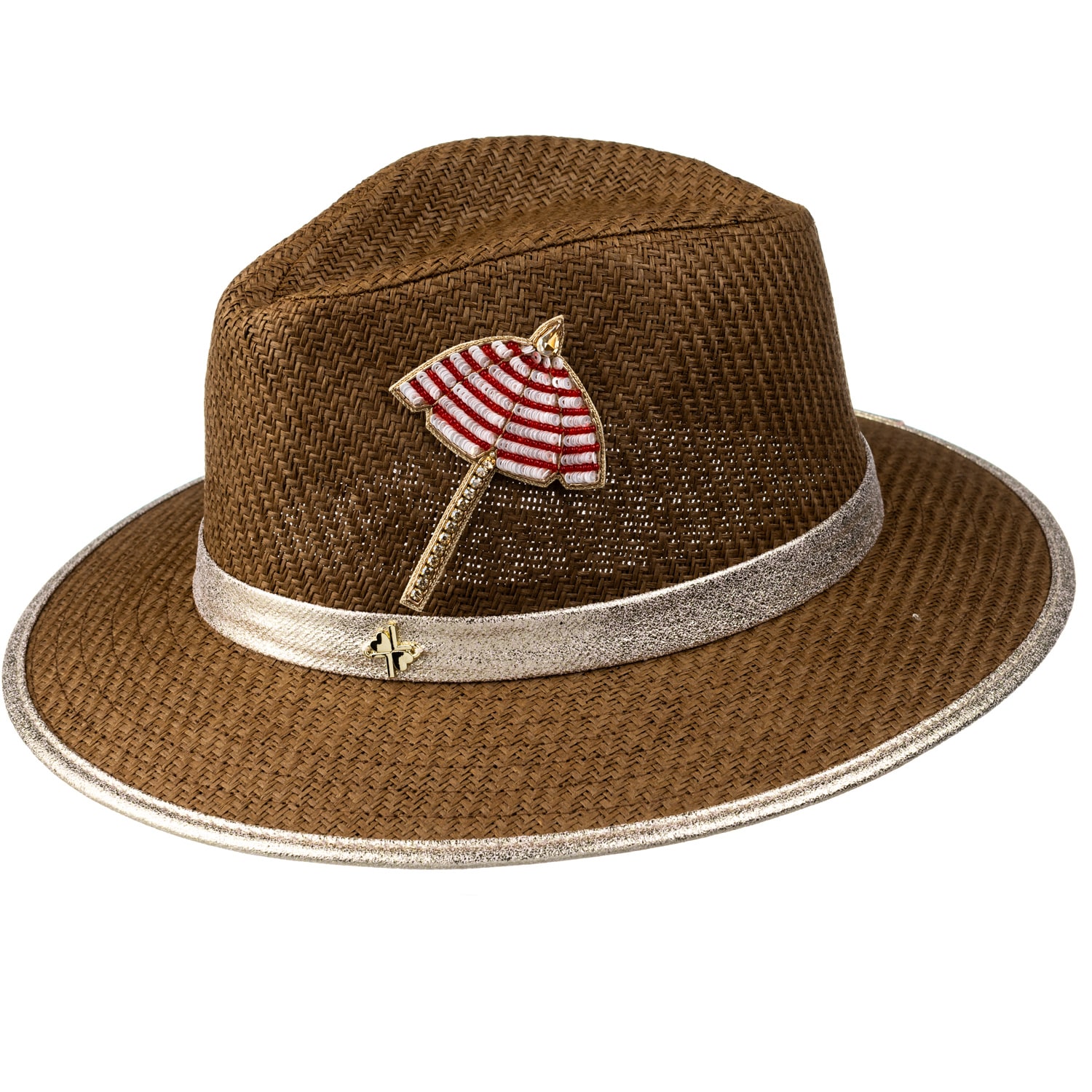 Women’s Brown Straw Woven Hat With Embellished Parasol Brooch - Caramel One Size Laines London