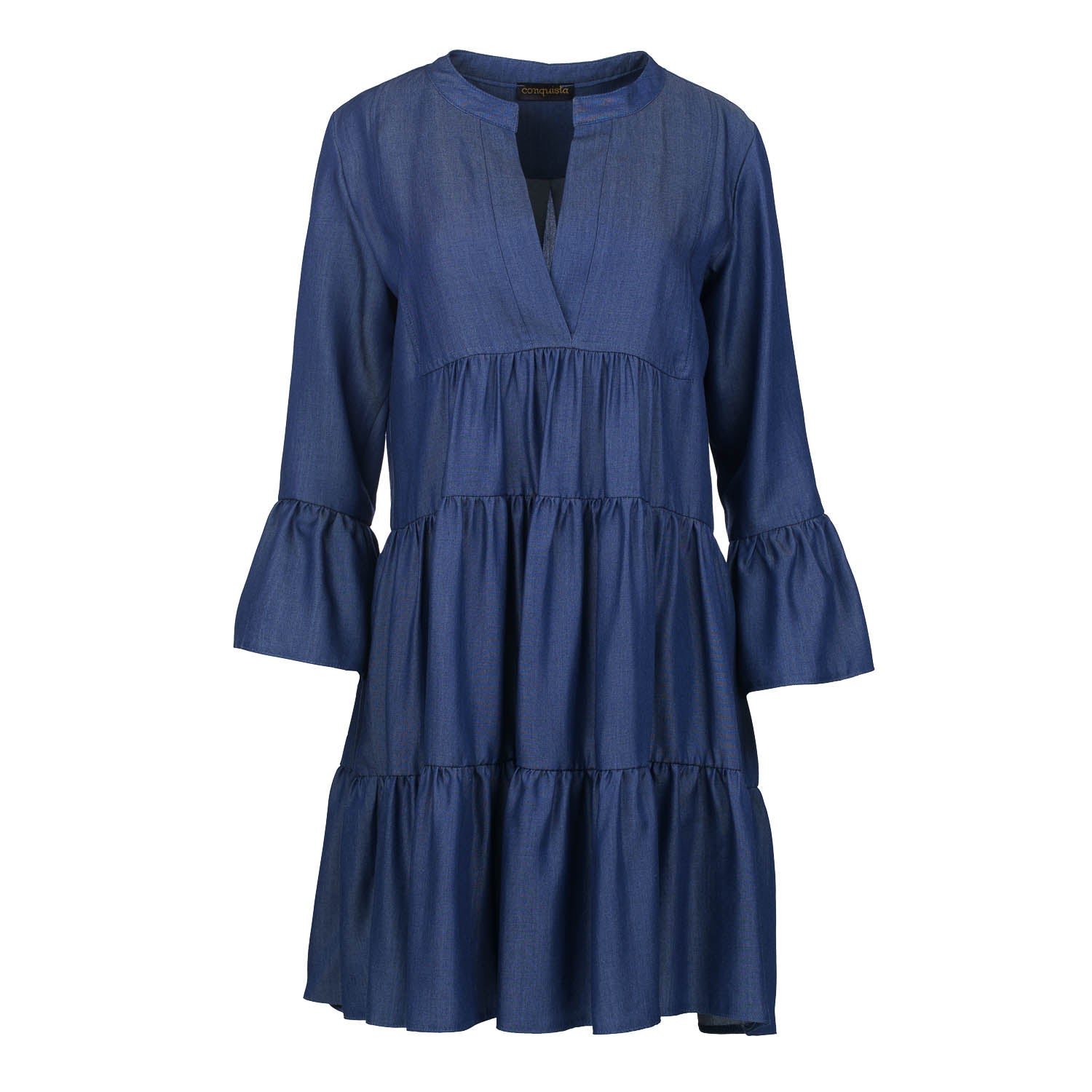 Conquista Women's Blue Satin Denim Gathered Seams Dress In Blue