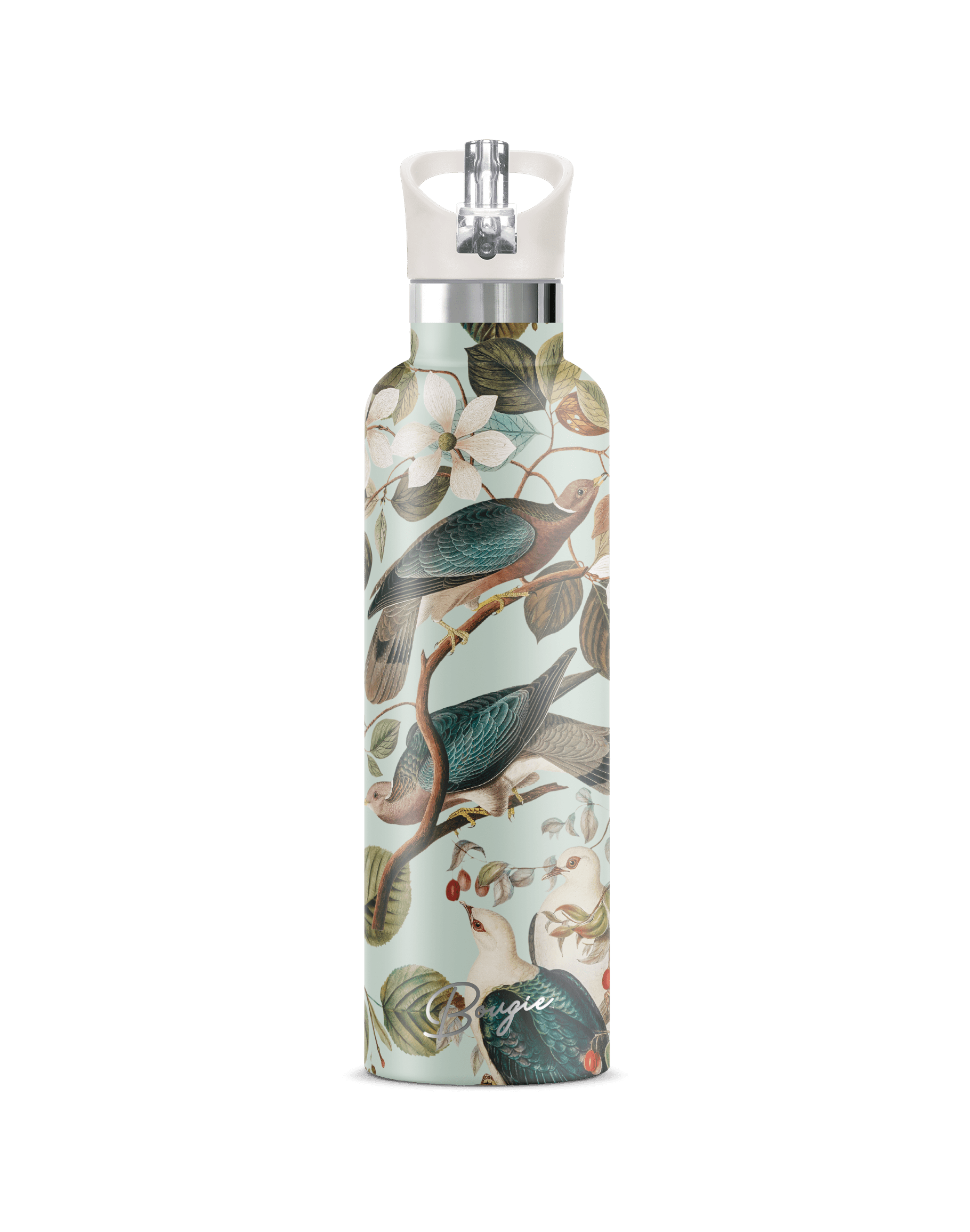 My Bougie Bottle Green Enchanting Birds Insulated Water Bottle Cream Lid