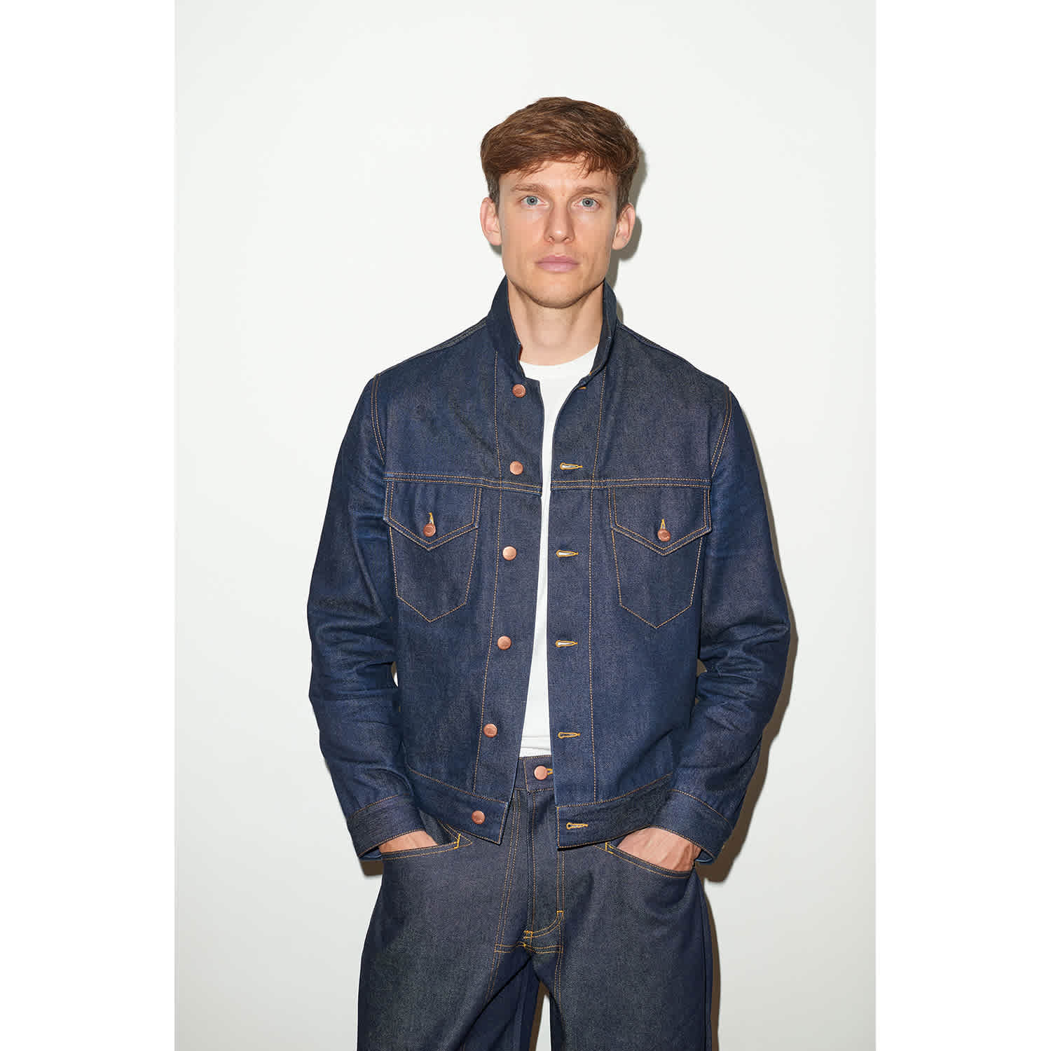 Mens Trucker Jacket In Raw Indigo Denim | Hegarty | Wolf & Badger